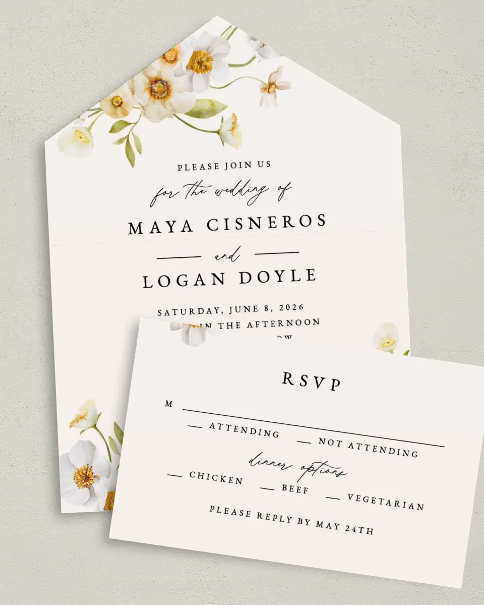 This is a 6" x 4½" All-in-One Wedding Invitation called Charming Cosmos printed in full color on Premium Smooth paper