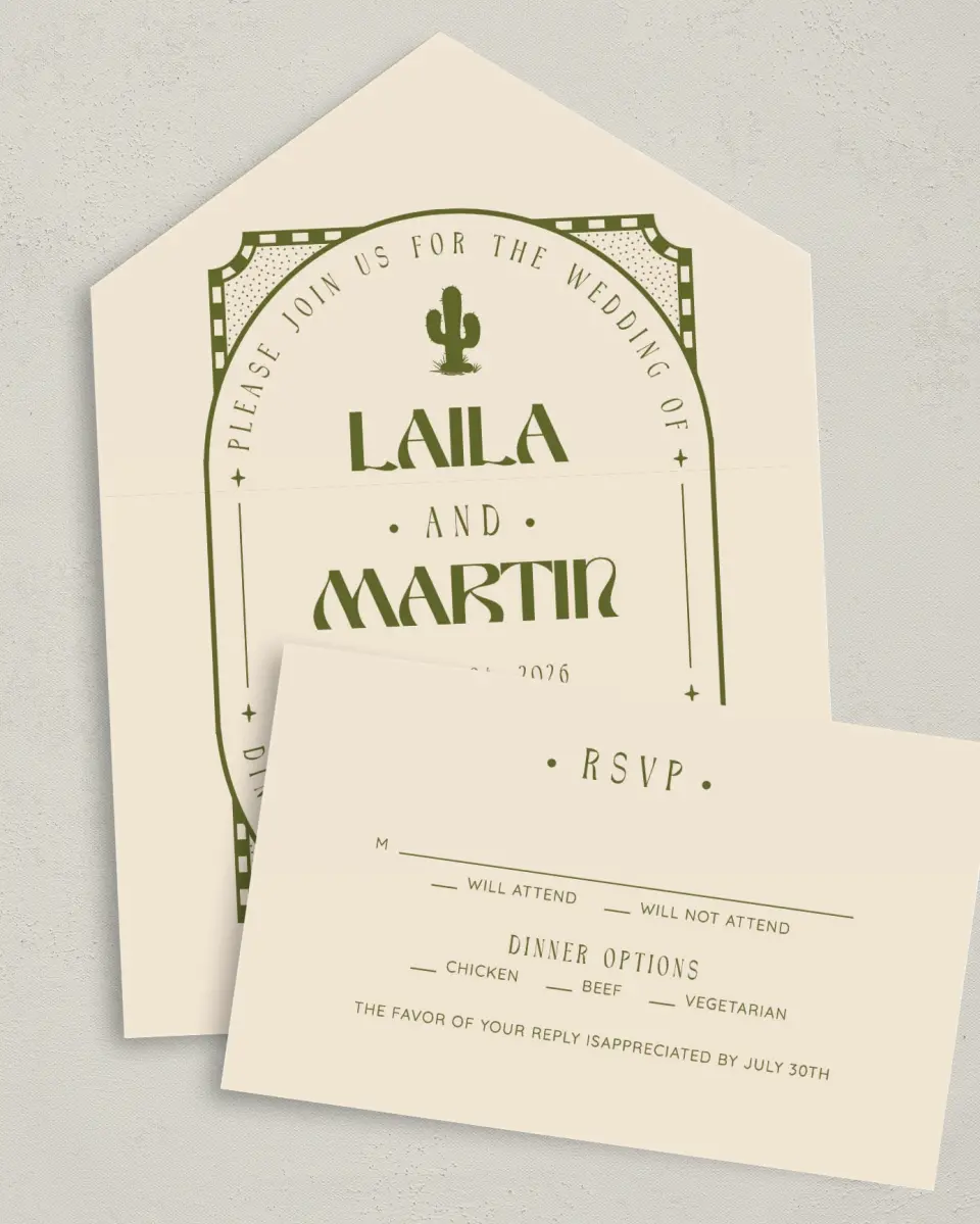 This is a 6" x 4½" All-in-One Wedding Invitation called Desert Funk printed in full color on Premium Smooth paper