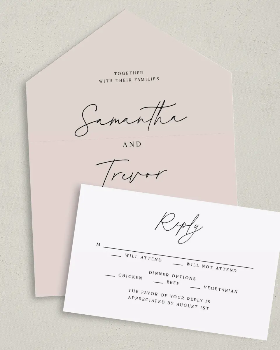 This is a 6" x 4½" All-in-One Wedding Invitation called The Samantha printed in full color on Premium Smooth paper