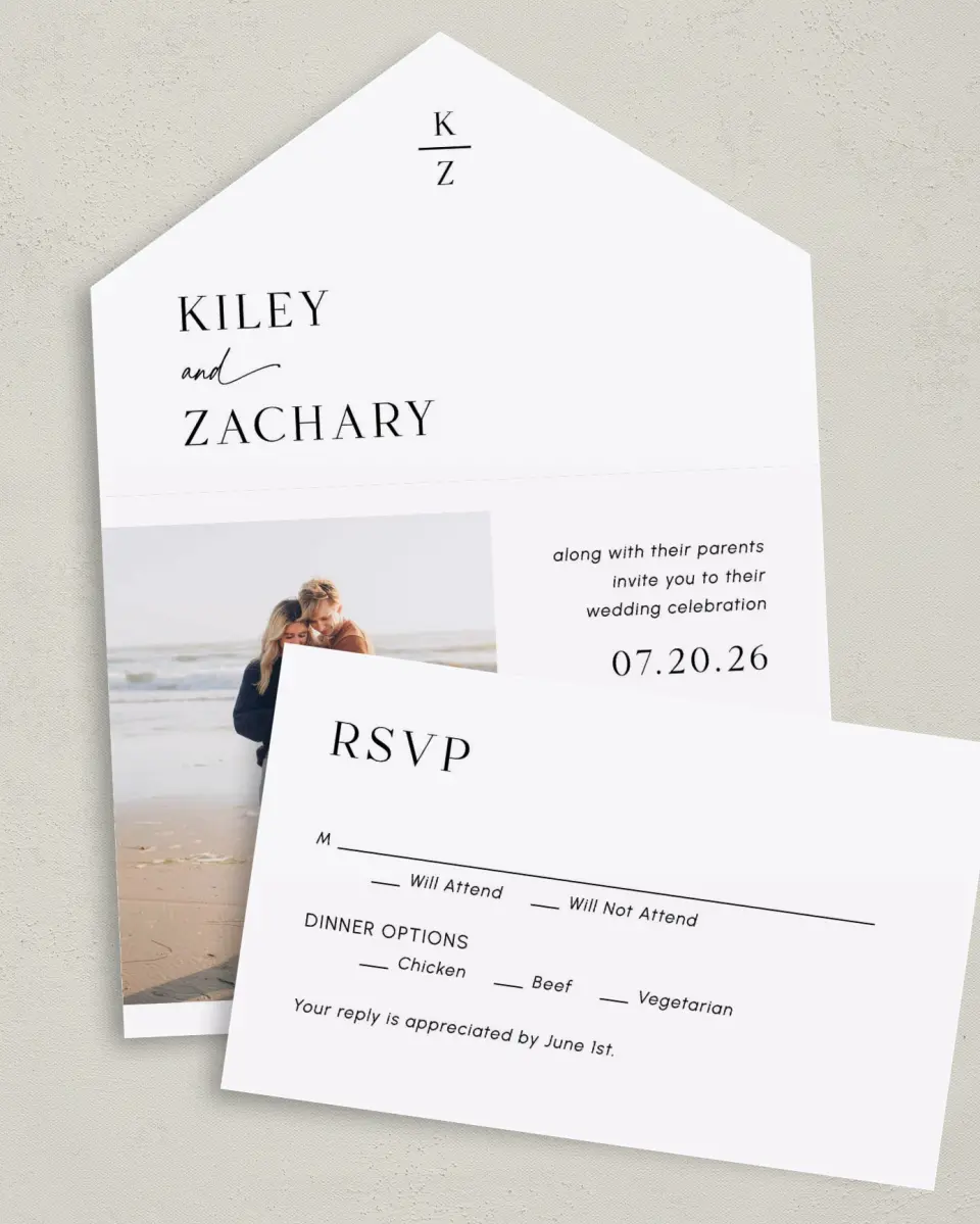 This is a 6" x 4½" All-in-One Wedding Invitation called Picturesque printed in full color on Premium Smooth paper