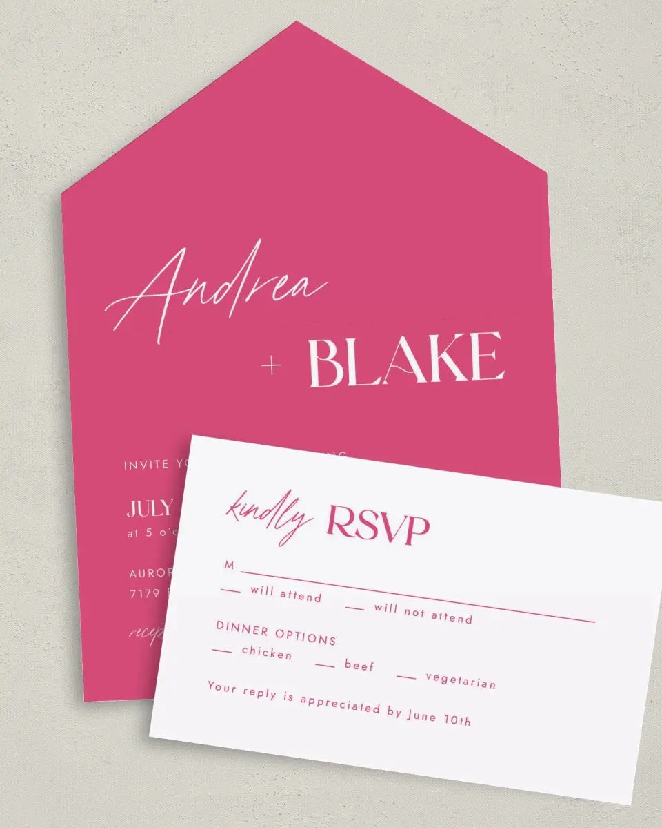 This is a 6" x 4½" All-in-One Wedding Invitation called The Andrea printed in full color on Premium Smooth paper