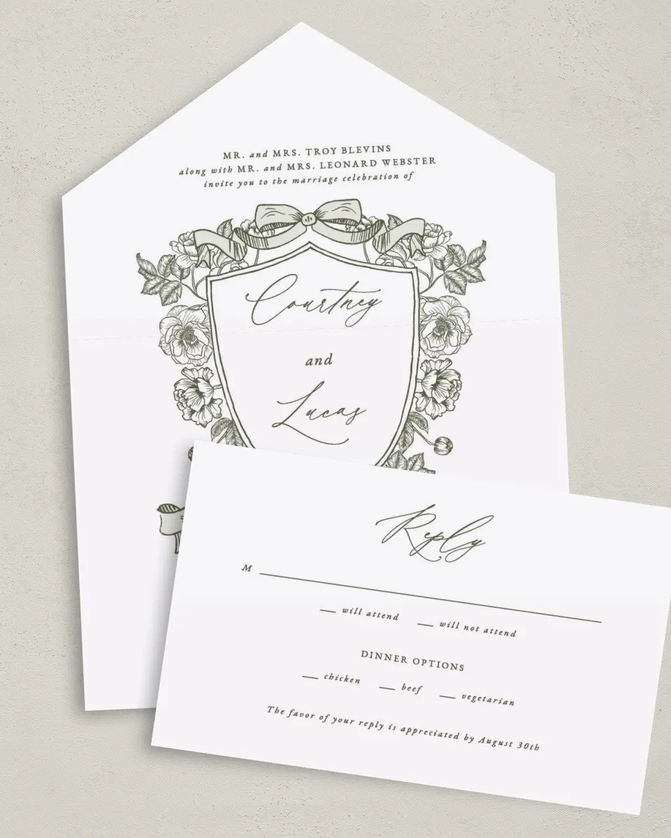 This is a 6" x 4½" All-in-One Wedding Invitation called Elegant Crest printed in full color on Premium Smooth paper