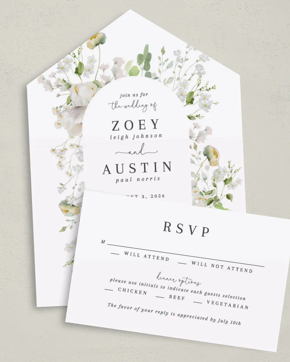 This is a 6" x 4½" All-in-One Wedding Invitation called The Zoey printed in full color on Premium Smooth paper