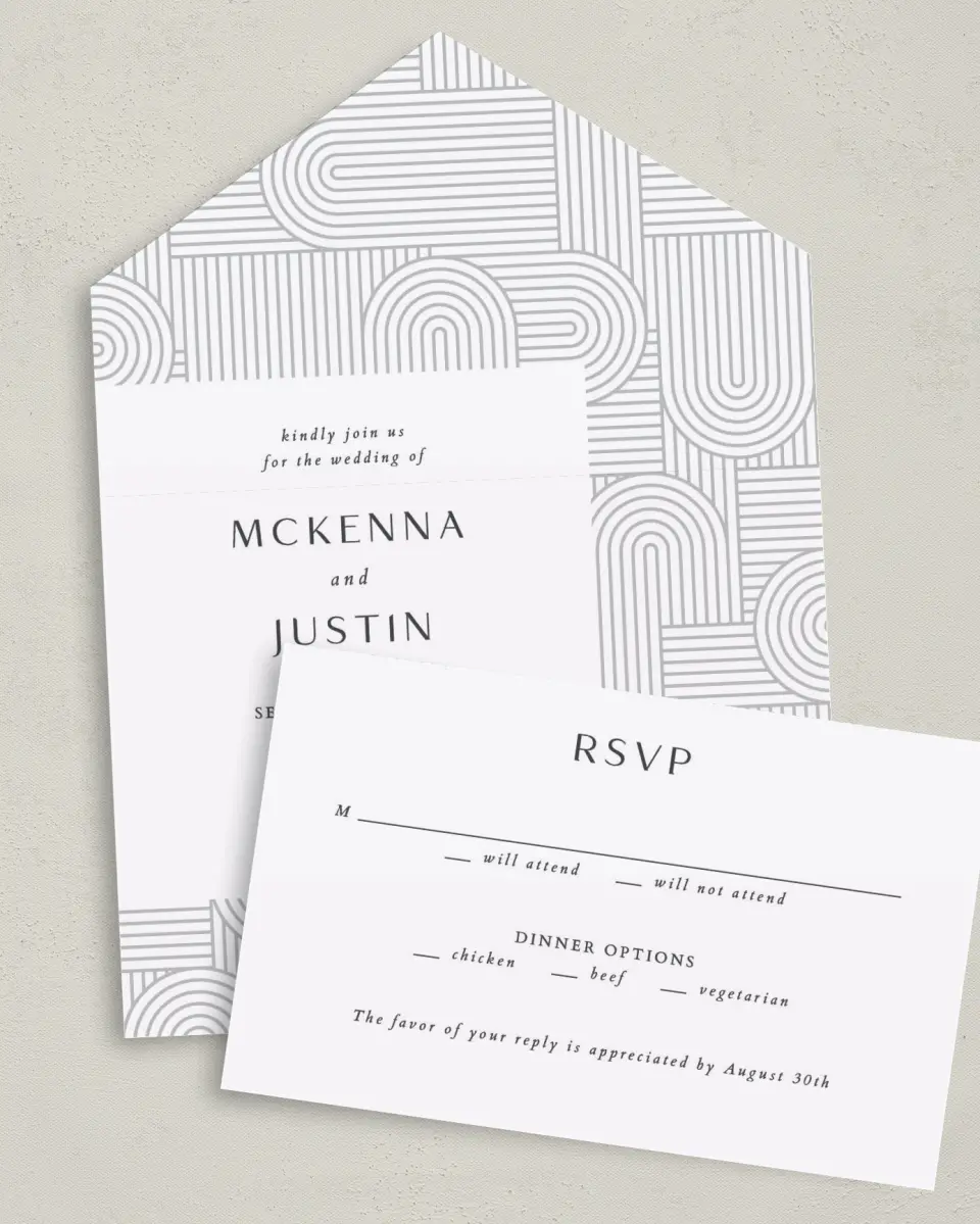 This is a 6" x 4½" All-in-One Wedding Invitation called Geometric Elegance printed in full color on Premium Smooth paper