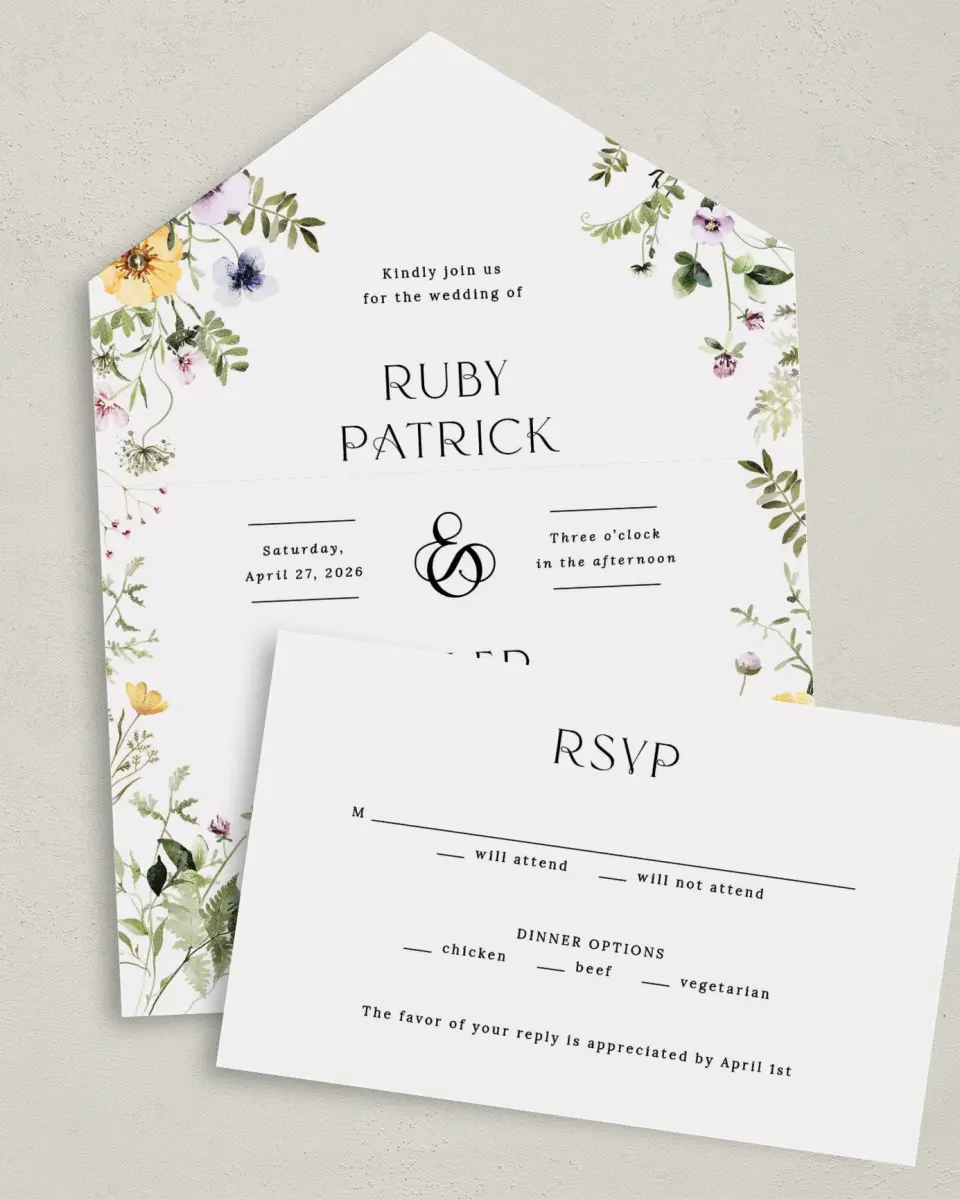 This is a 6" x 4½" All-in-One Wedding Invitation called The Ruby printed in full color on Premium Smooth paper