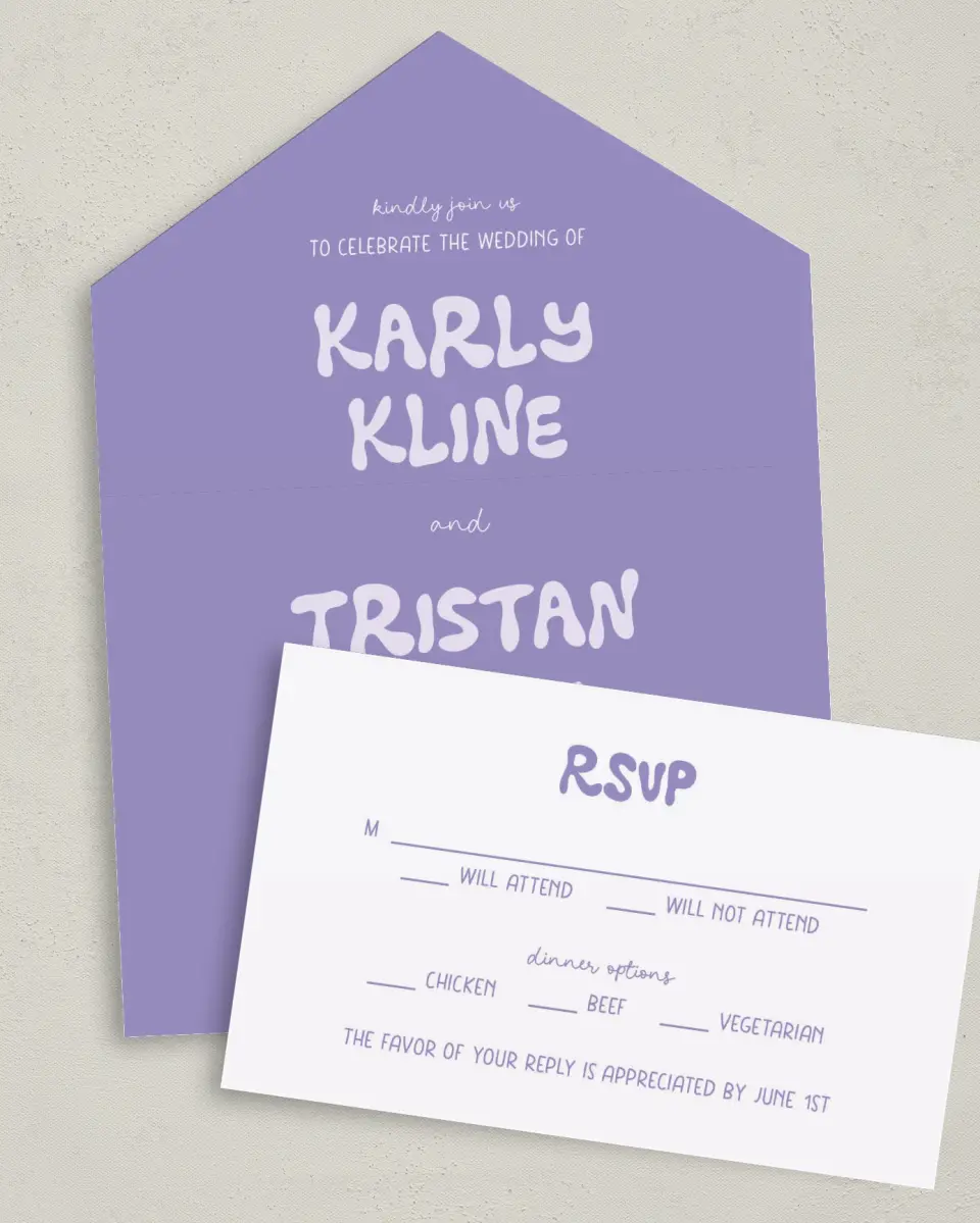 This is a 6" x 4½" All-in-One Wedding Invitation called The Karly printed in full color on Premium Smooth paper