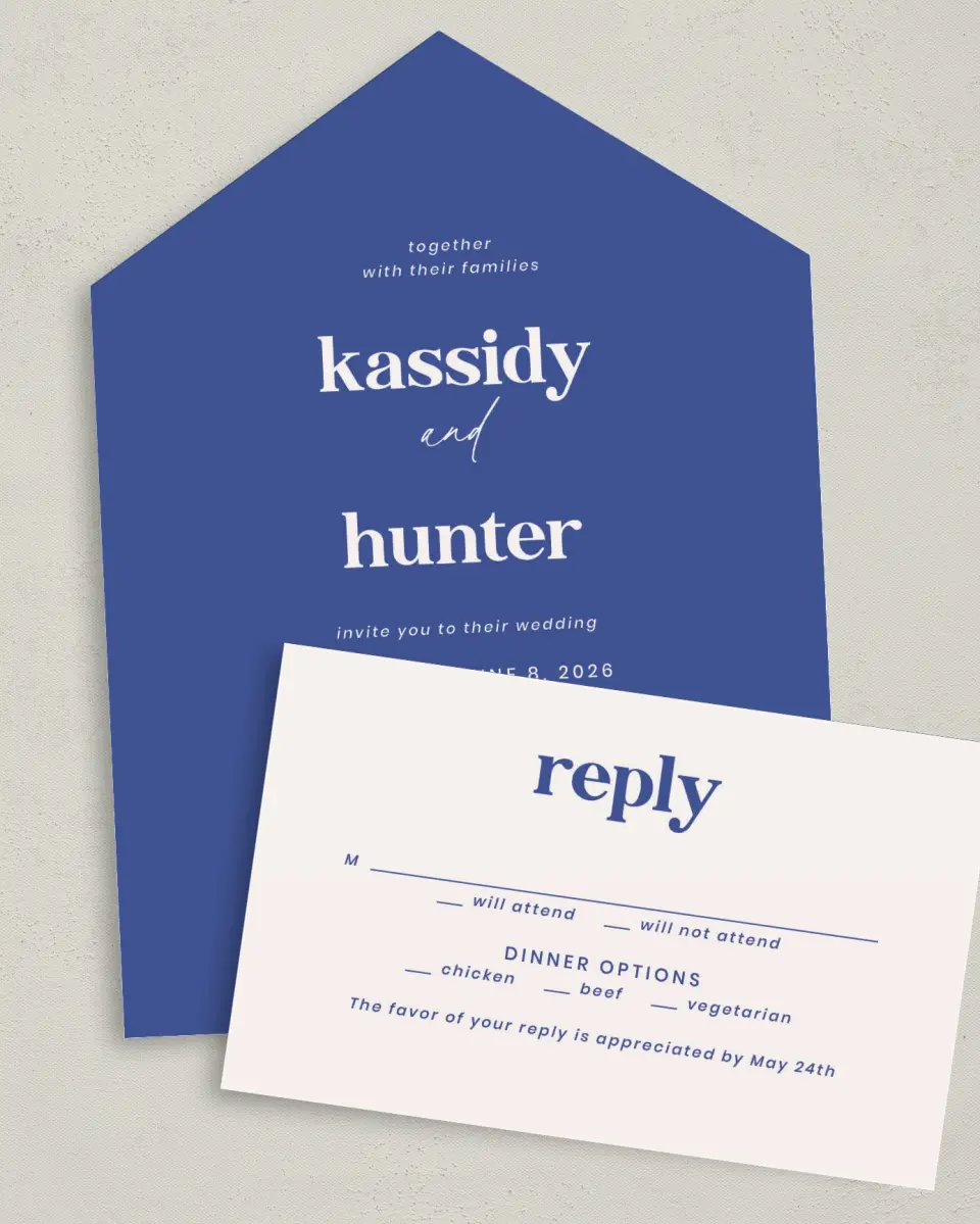 This is a 6" x 4½" All-in-One Wedding Invitation called The Kassidy printed in full color on Premium Smooth paper