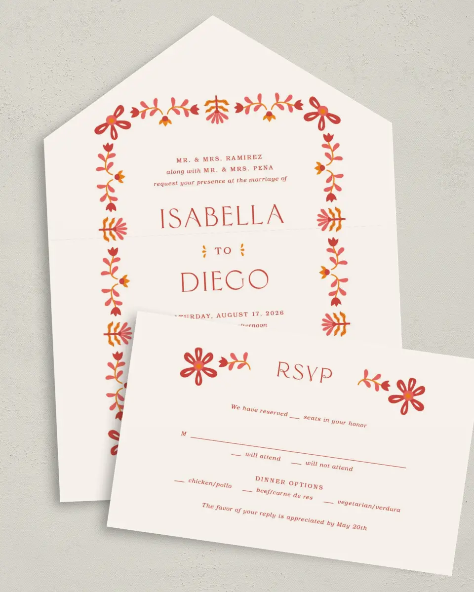 This is a 6" x 4½" All-in-One Wedding Invitation called Folk Fiesta printed in full color on Premium Smooth paper