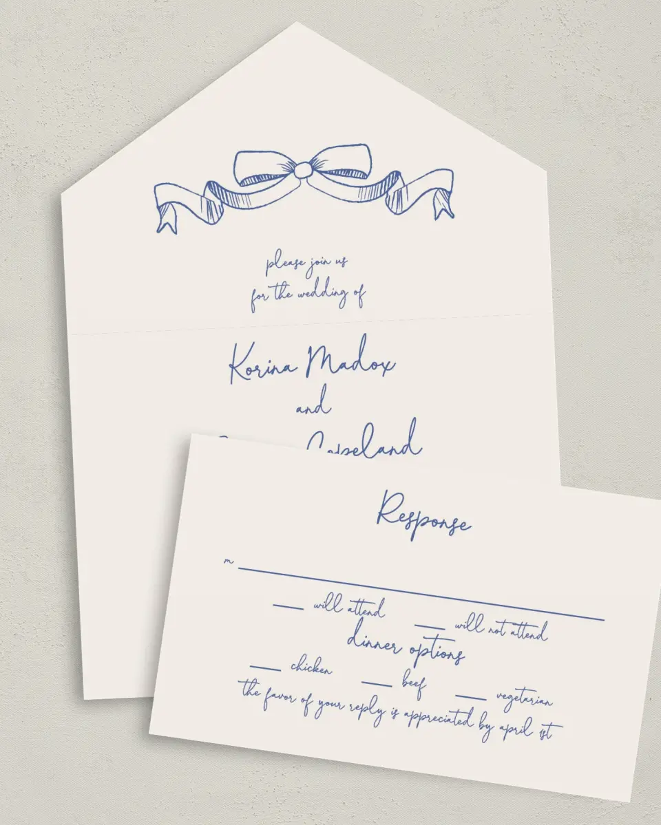 This is a 6" x 4½" All-in-One Wedding Invitation called Sketched Bow printed in full color on Premium Smooth paper