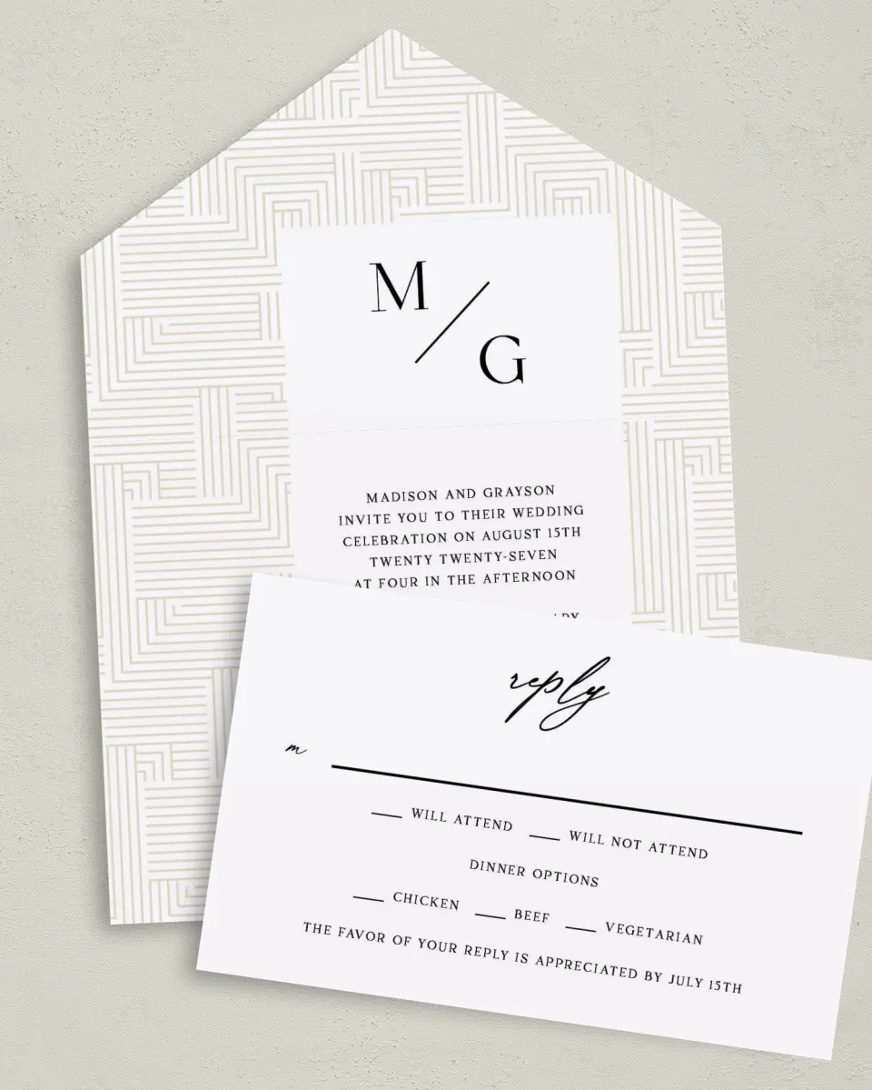 This is a 6" x 4½" All-in-One Wedding Invitation called Love Maze printed in full color on Premium Smooth paper