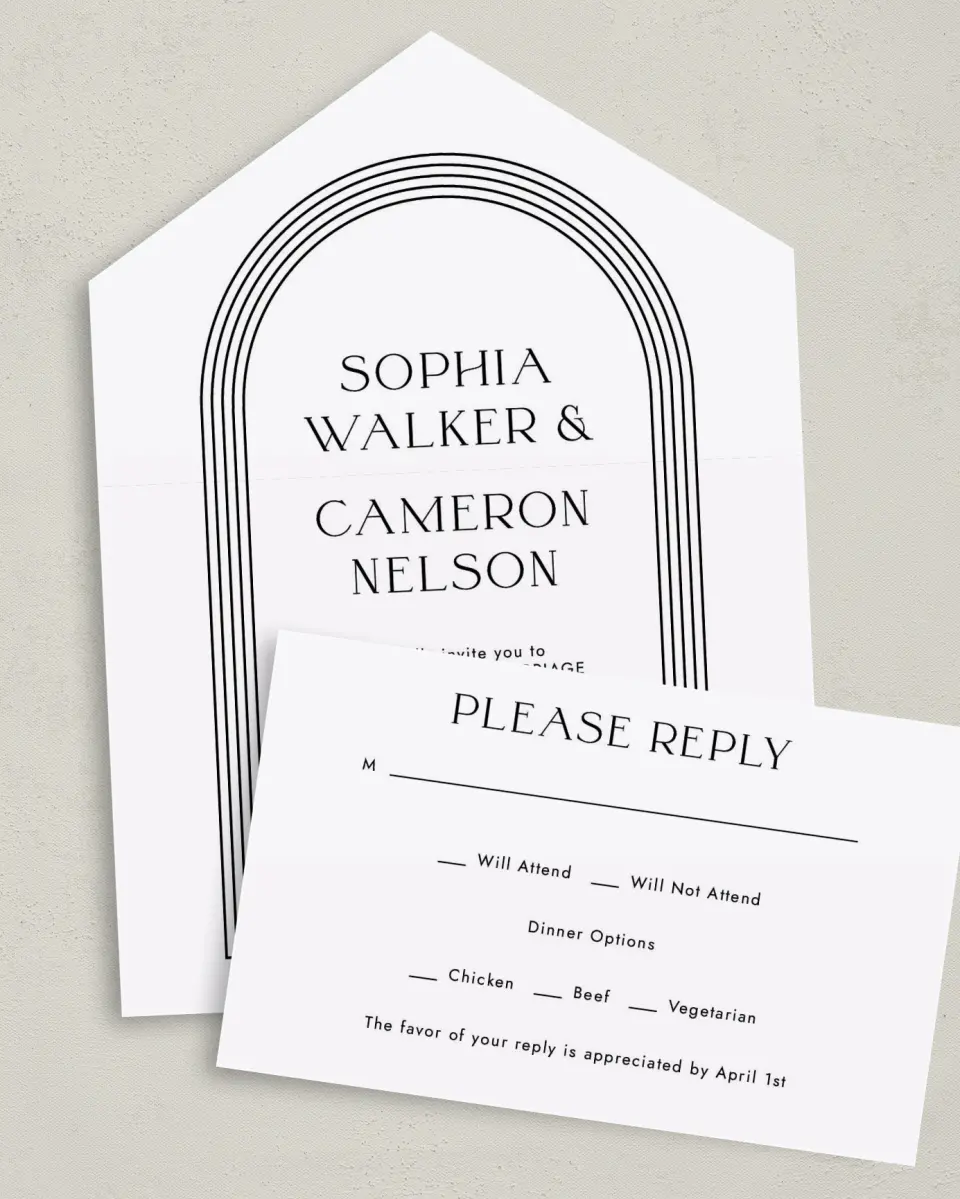 This is a 6" x 4½" All-in-One Wedding Invitation called Passionate Arch printed in full color on Premium Smooth paper