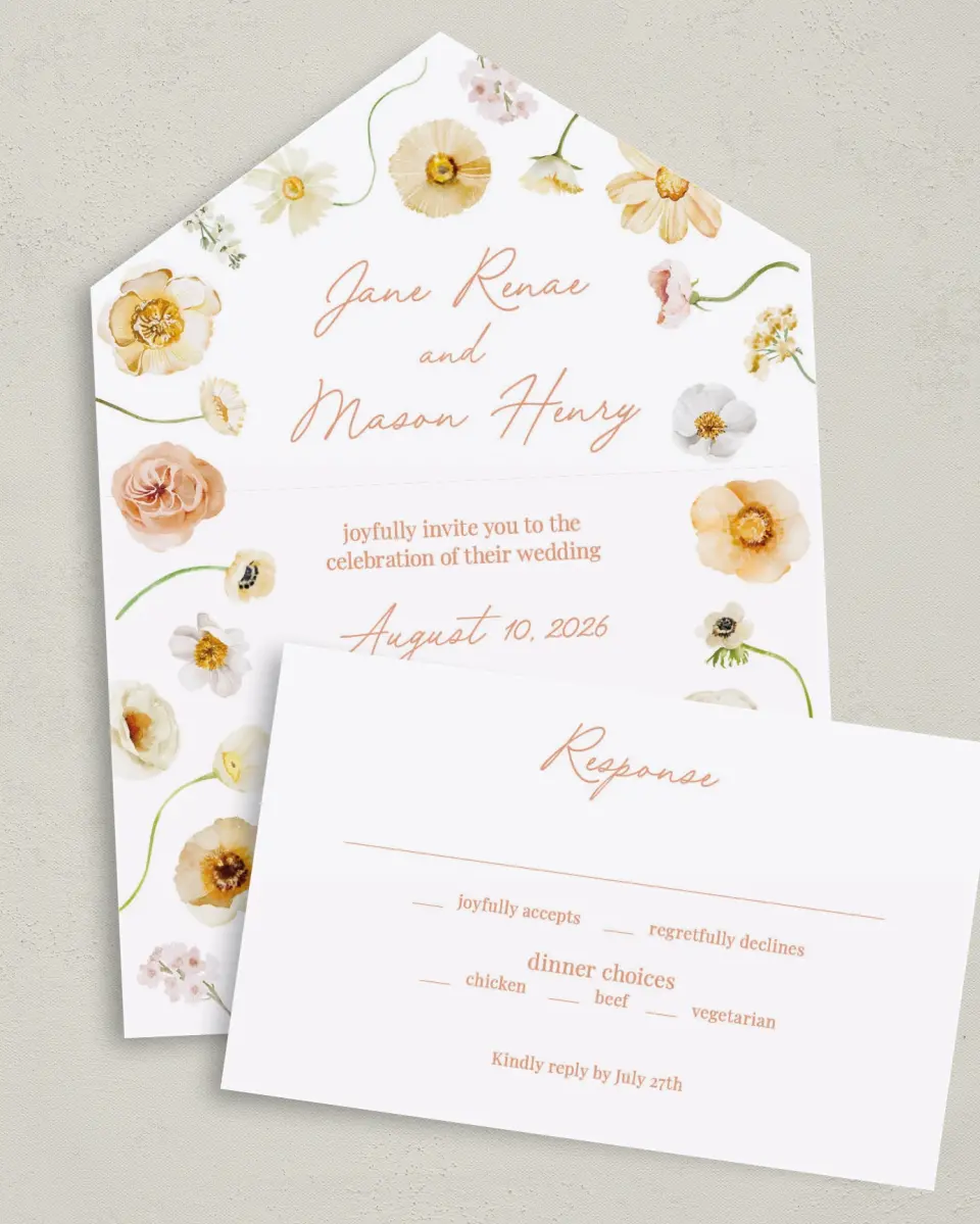 This is a 6" x 4½" All-in-One Wedding Invitation called Warm Wildflowers printed in full color on Premium Smooth paper