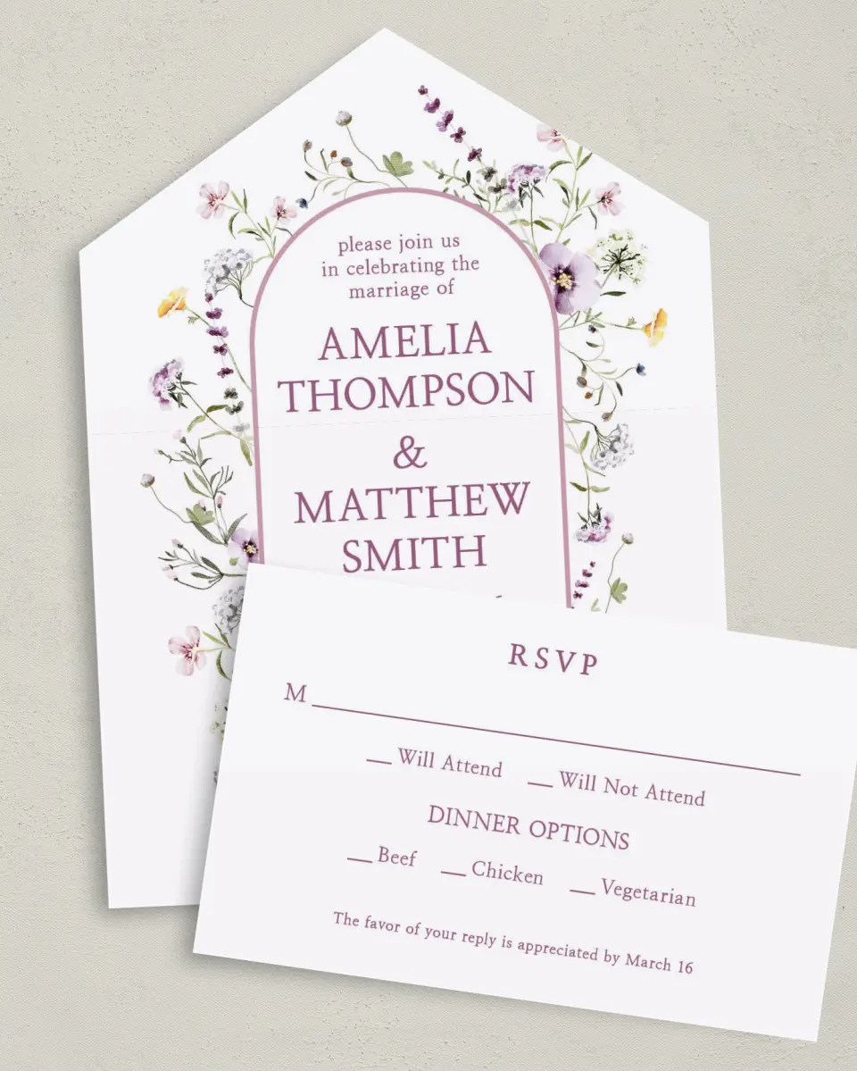This is a 6" x 4½" All-in-One Wedding Invitation called Whimsy Fairytale printed in full color on Premium Smooth paper