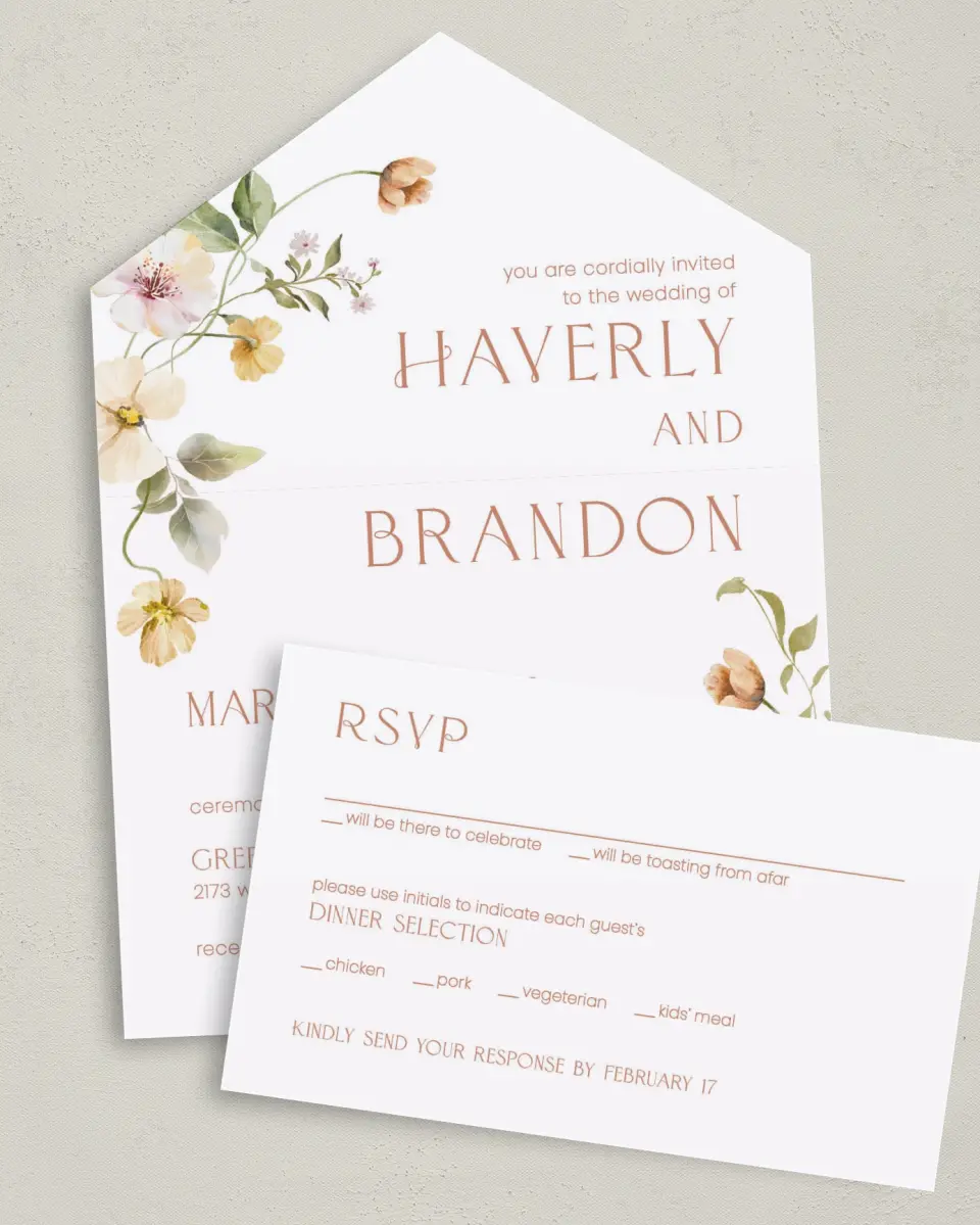 This is a 6" x 4½" All-in-One Wedding Invitation called Delicate Garden printed in full color on Premium Smooth paper
