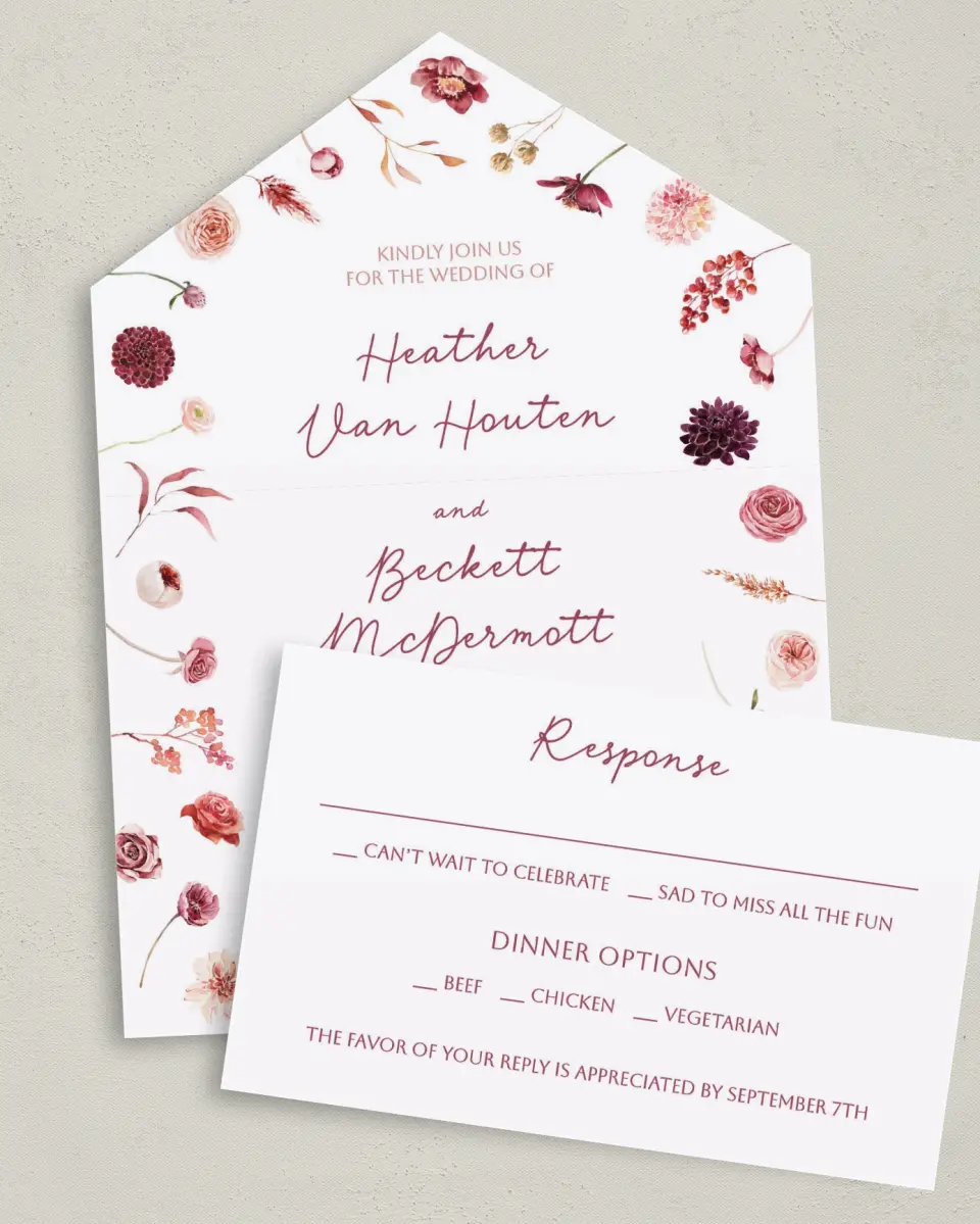 This is a 6" x 4½" All-in-One Wedding Invitation called Mauvelous printed in full color on Premium Smooth paper