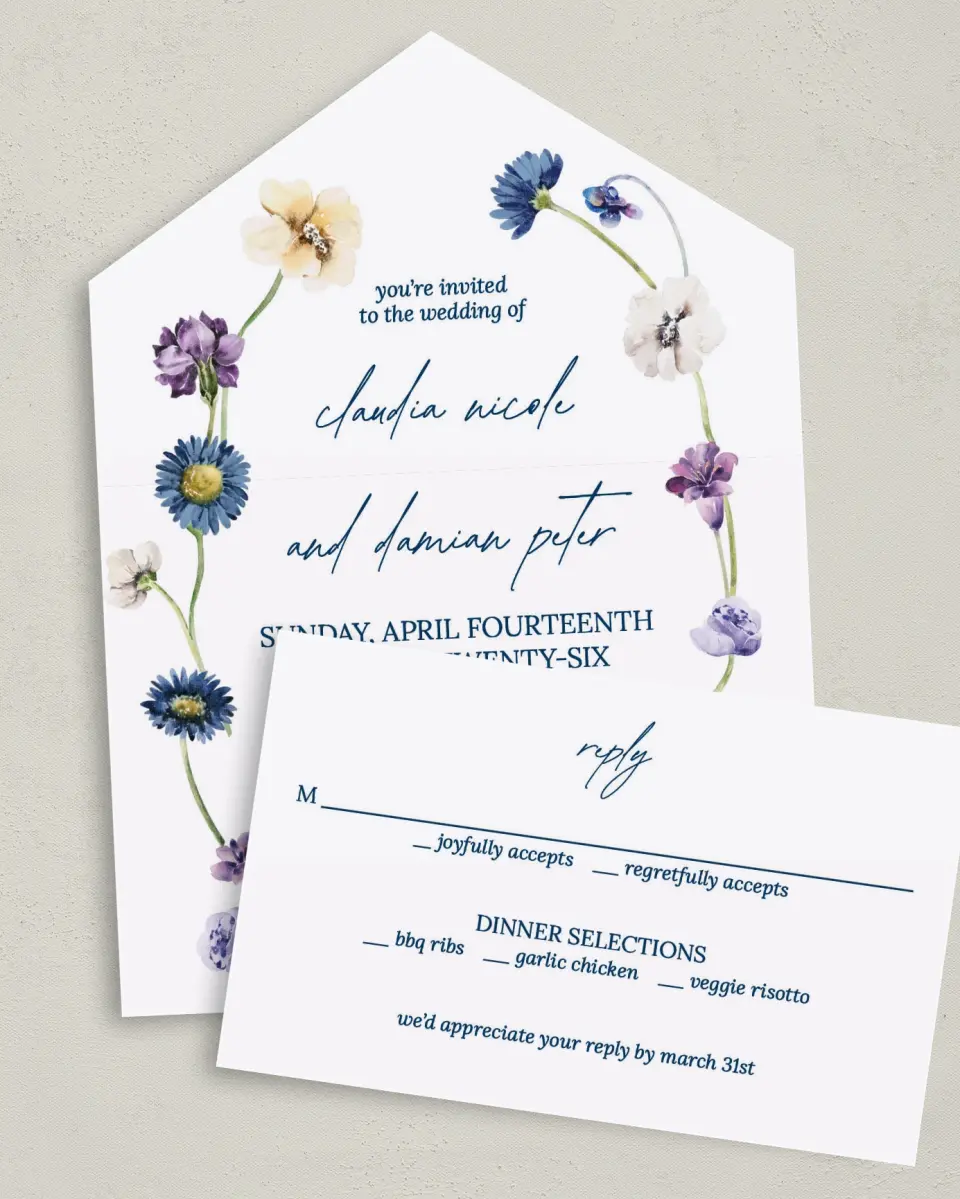 This is a 6" x 4½" All-in-One Wedding Invitation called Wildest Dream printed in full color on Premium Smooth paper