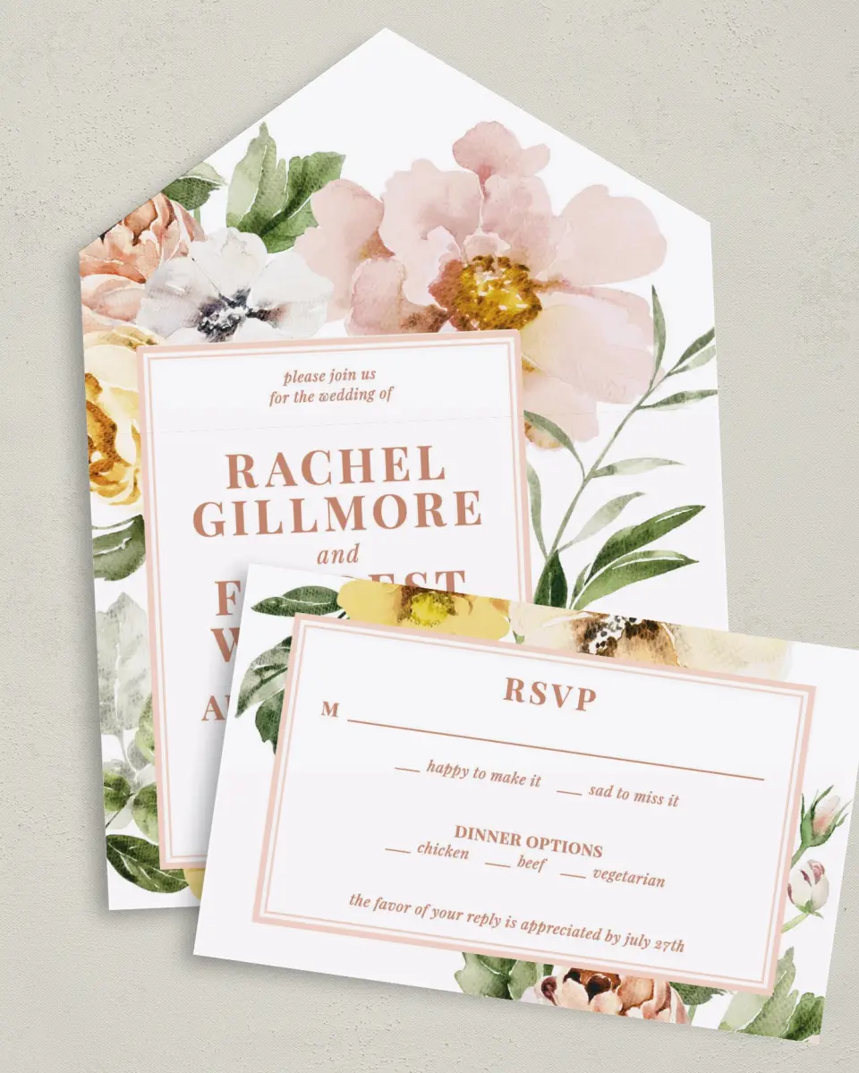 This is a 6" x 4½" All-in-One Wedding Invitation called Gorgeous Blush printed in full color on Premium Smooth paper