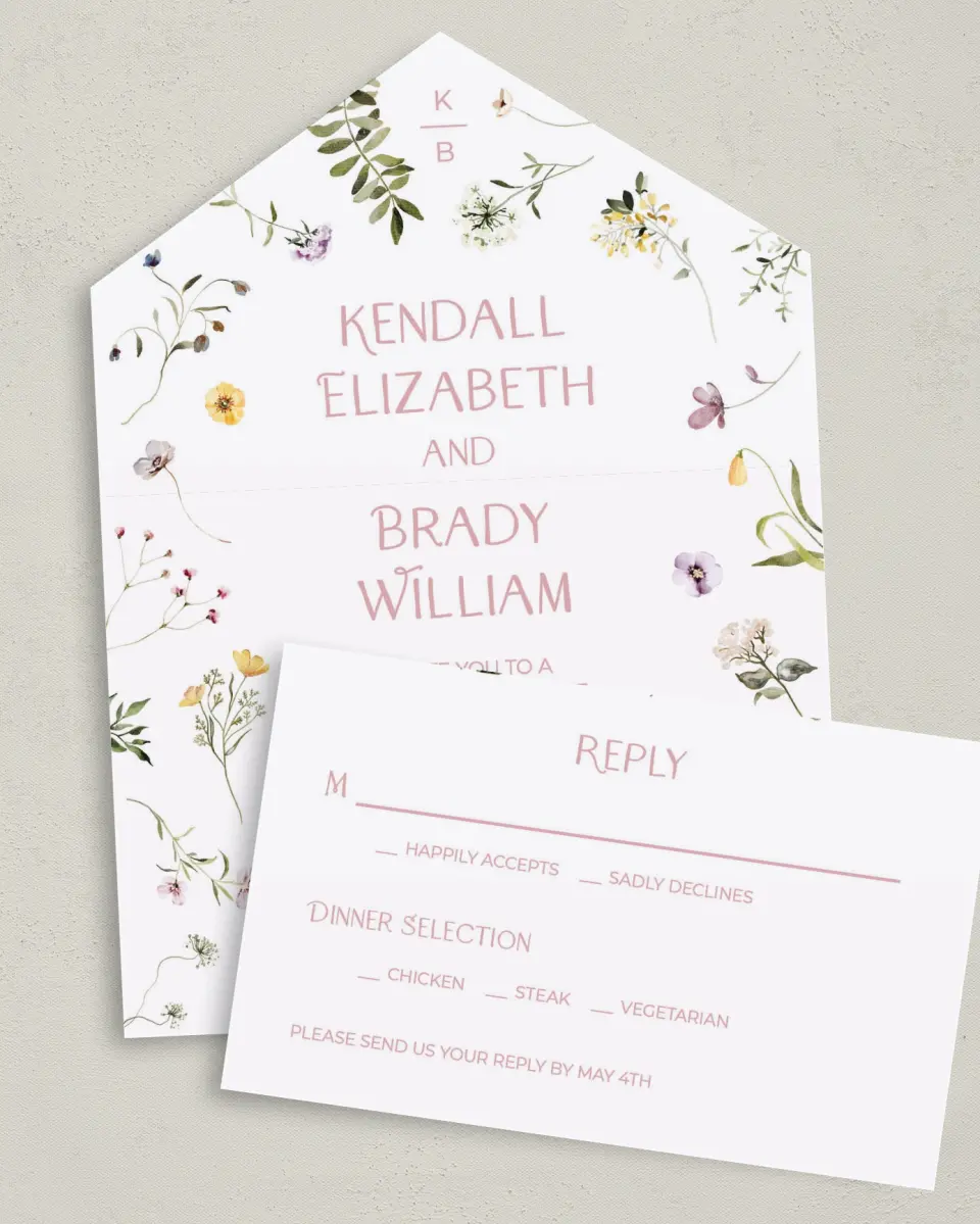 This is a 6" x 4½" All-in-One Wedding Invitation called Efflorescence printed in full color on Premium Smooth paper