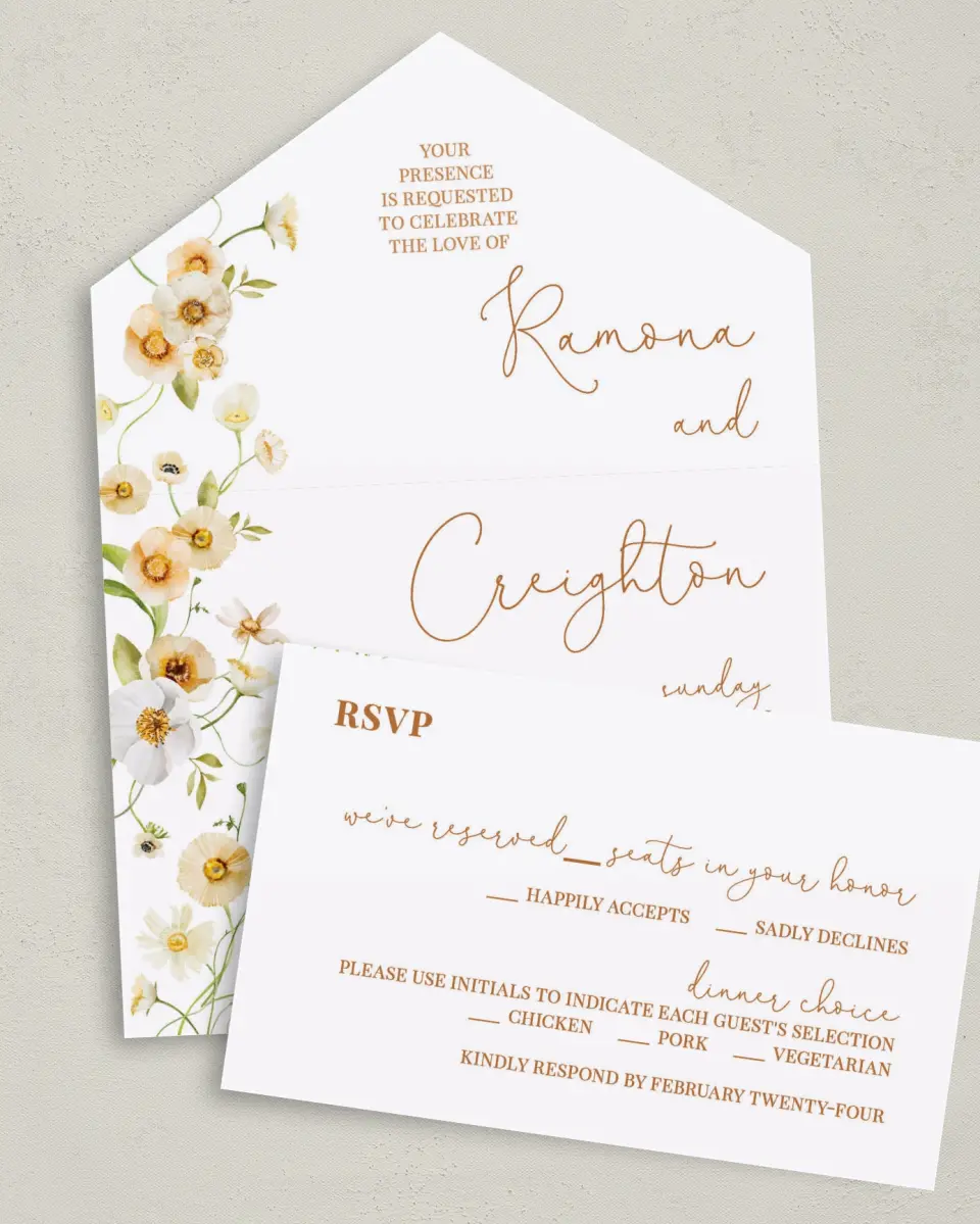 This is a 6" x 4½" All-in-One Wedding Invitation called Sultry Sunshine printed in full color on Premium Smooth paper