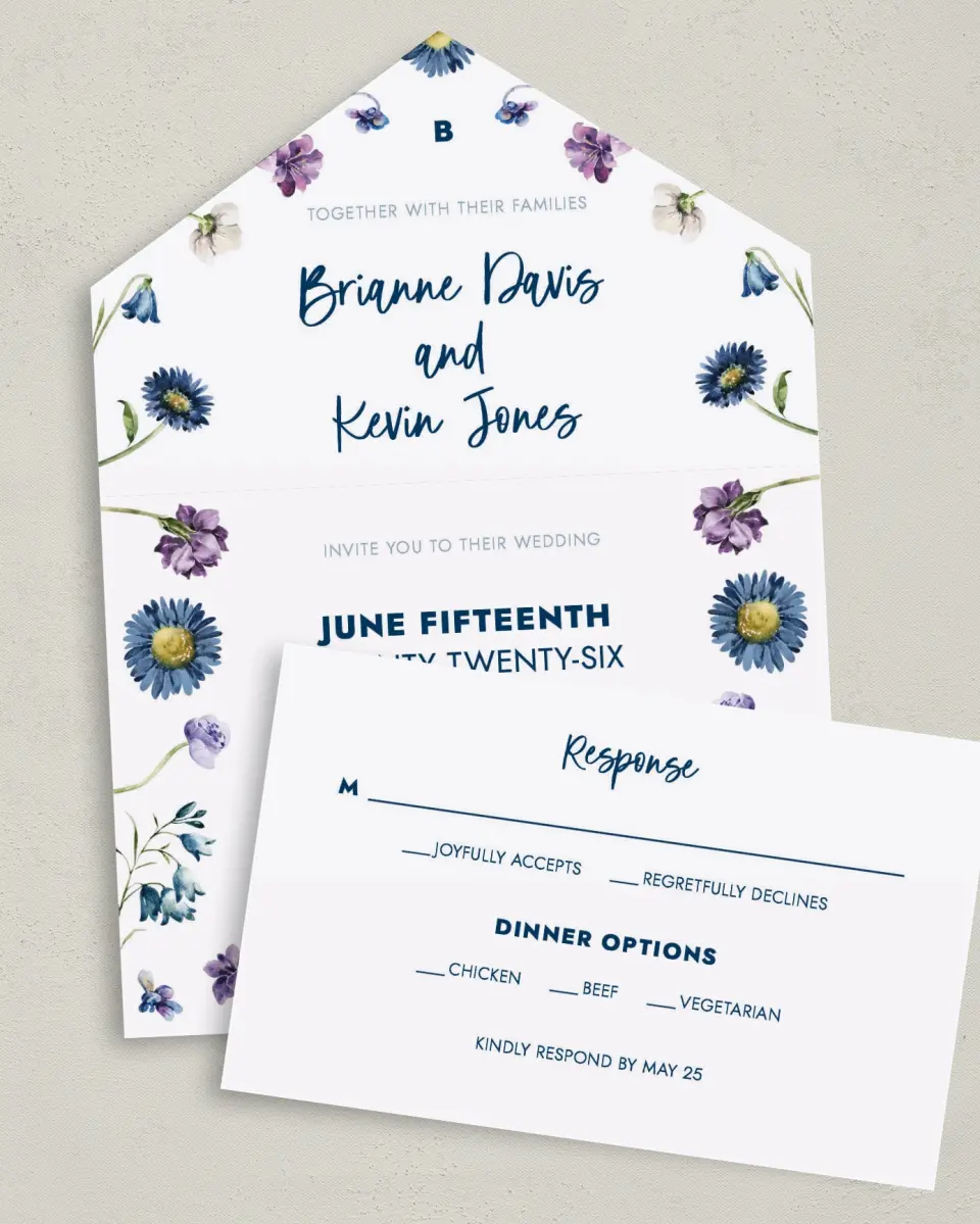 This is a 6" x 4½" All-in-One Wedding Invitation called Abundant Blue printed in full color on Premium Smooth paper