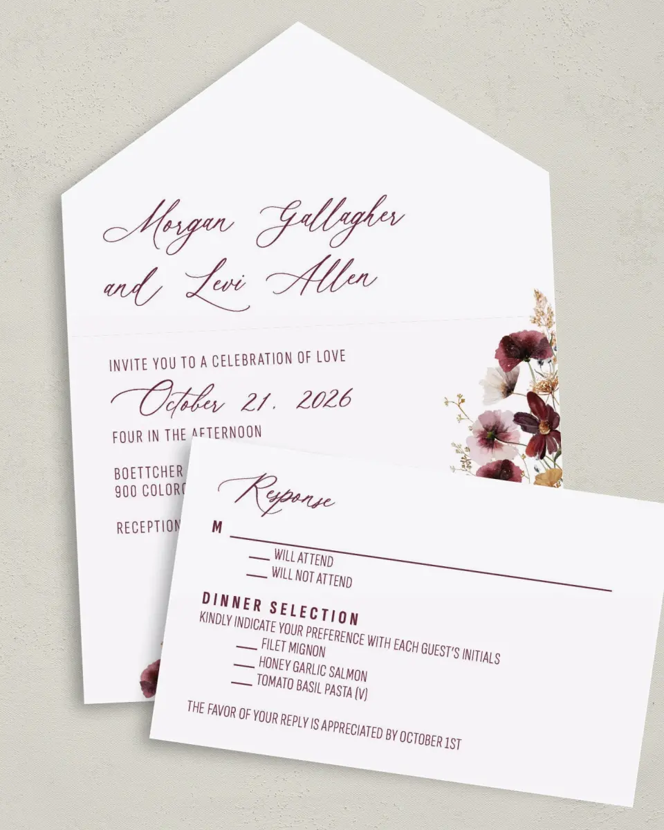 This is a 6" x 4½" All-in-One Wedding Invitation called Harvest Meadows printed in full color on Premium Smooth paper