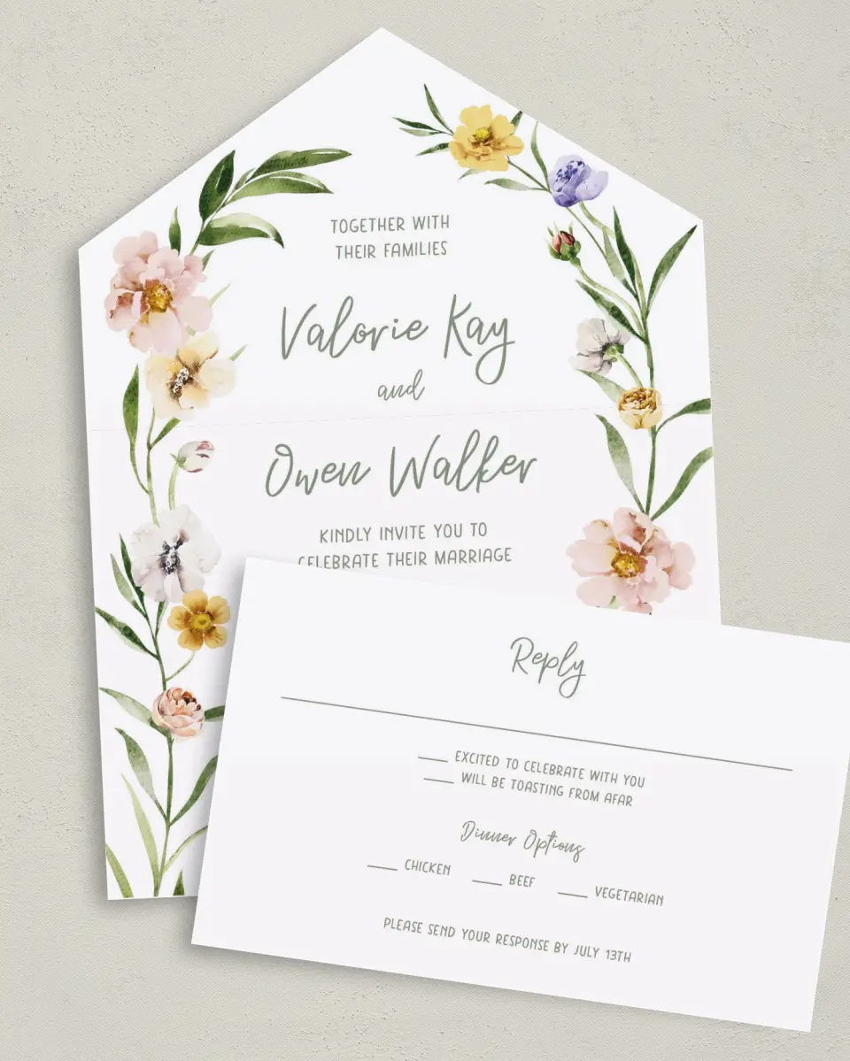This is a 6" x 4½" All-in-One Wedding Invitation called Hopeful Floral printed in full color on Premium Smooth paper