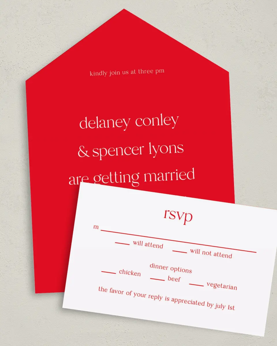 This is a 6" x 4½" All-in-One Wedding Invitation called The Delaney printed in full color on Premium Smooth paper
