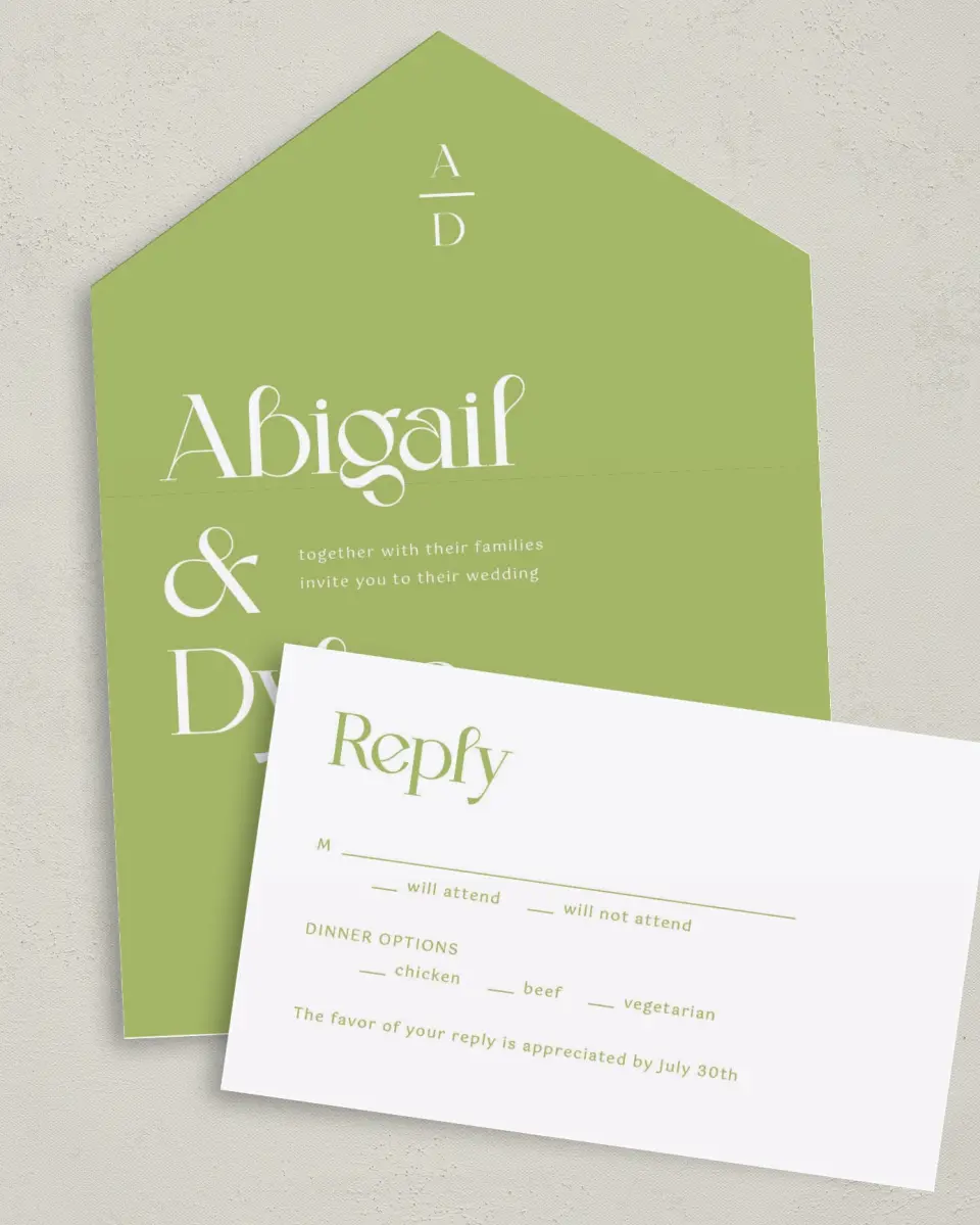This is a 6" x 4½" All-in-One Wedding Invitation called The Abigail printed in full color on Premium Smooth paper