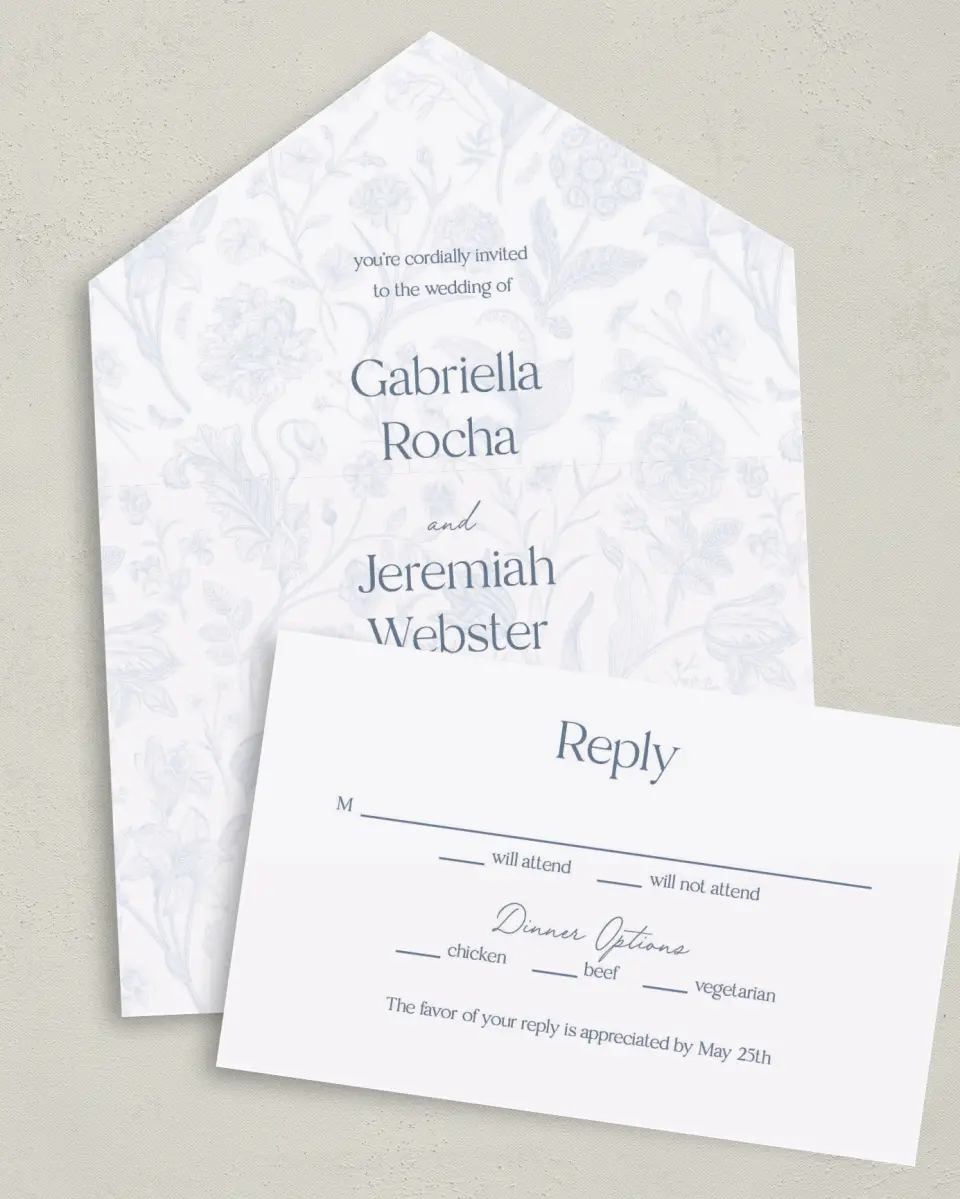 This is a 6" x 4½" All-in-One Wedding Invitation called The Gabriella printed in full color on Premium Smooth paper