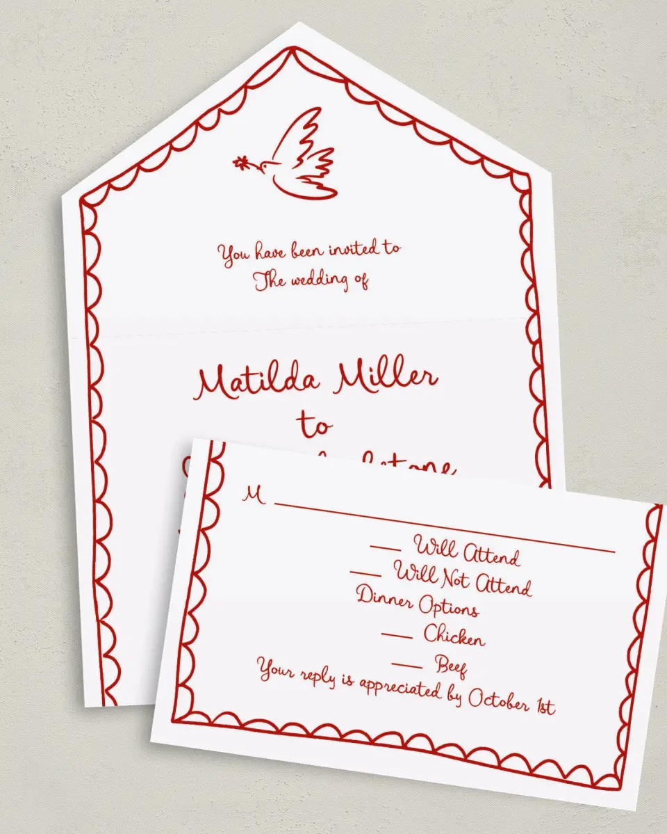 This is a 6" x 4½" All-in-One Wedding Invitation called Love Birds printed in full color on Premium Smooth paper