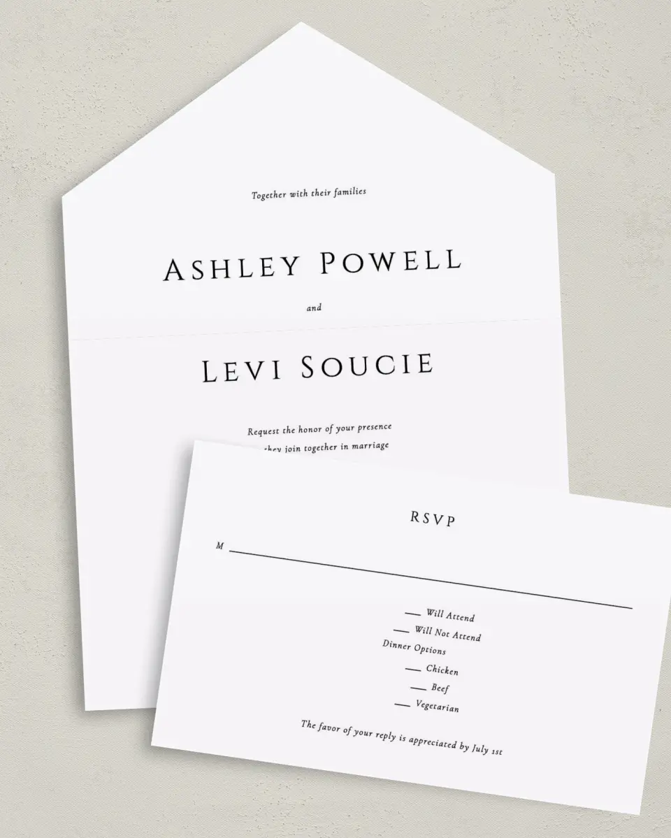 This is a 6" x 4½" All-in-One Wedding Invitation called Classic Romance printed in full color on Premium Smooth paper
