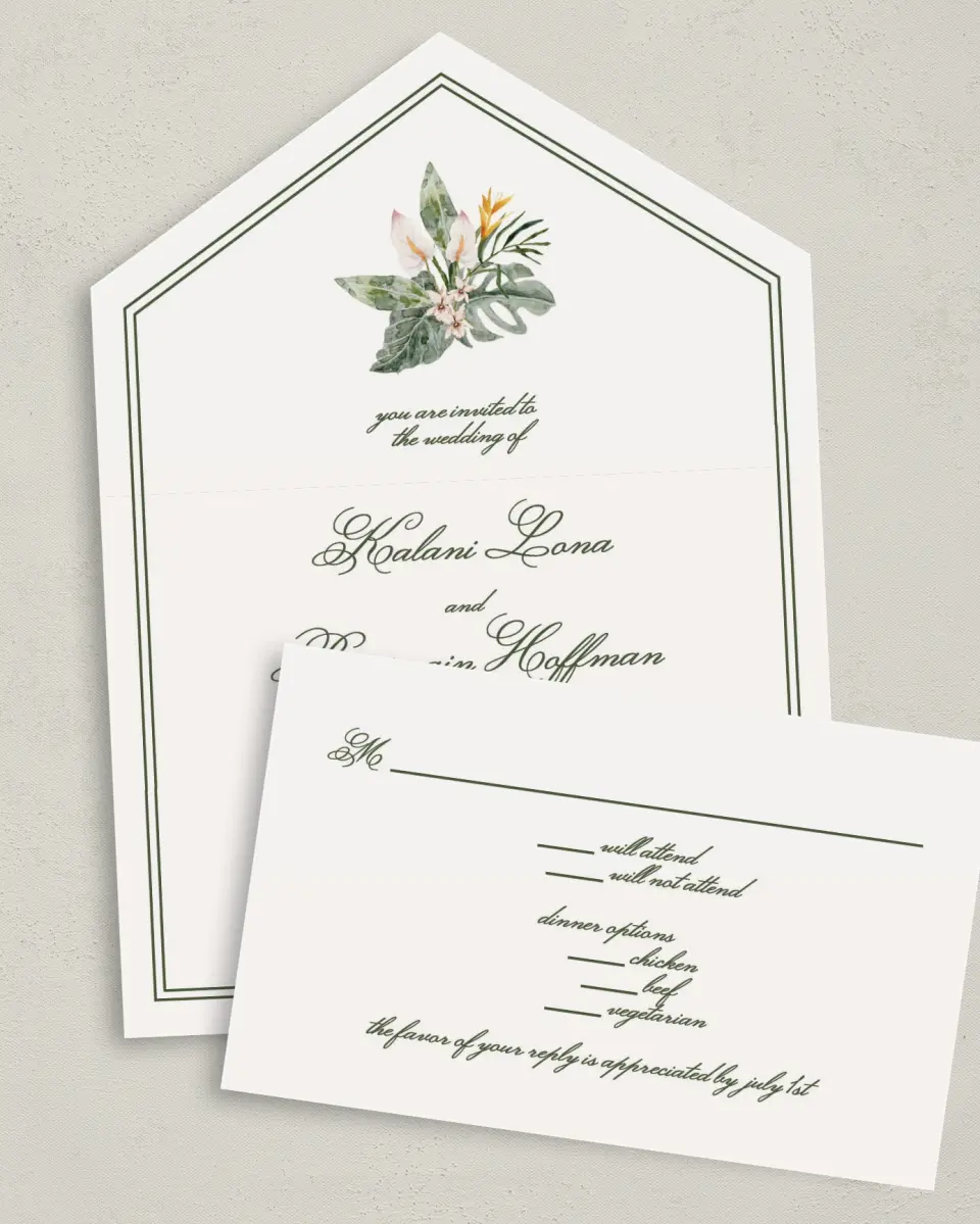 This is a 6" x 4½" All-in-One Wedding Invitation called Aloha Amore printed in full color on Premium Smooth paper