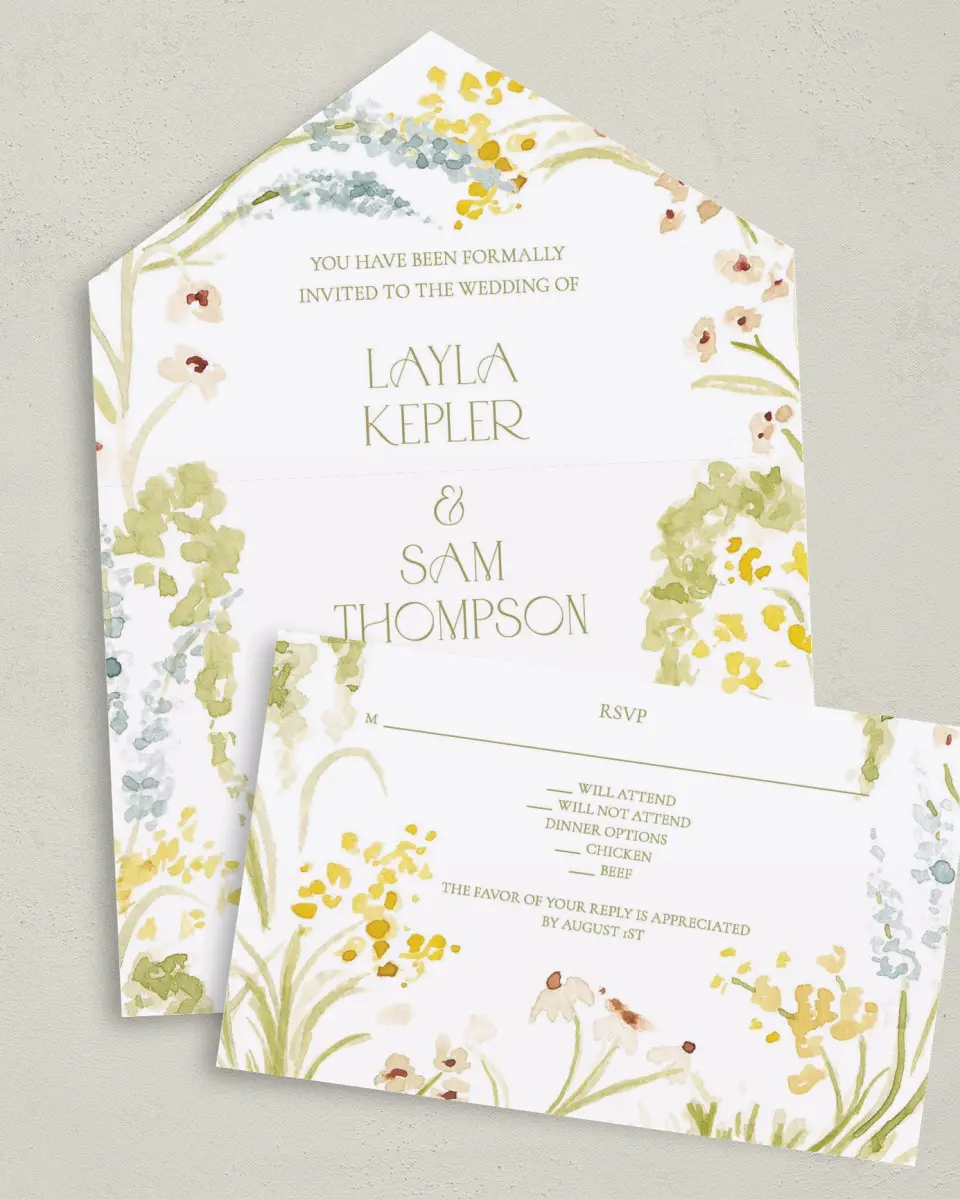 This is a 6" x 4½" All-in-One Wedding Invitation called Forever in Bloom printed in full color on Premium Smooth paper