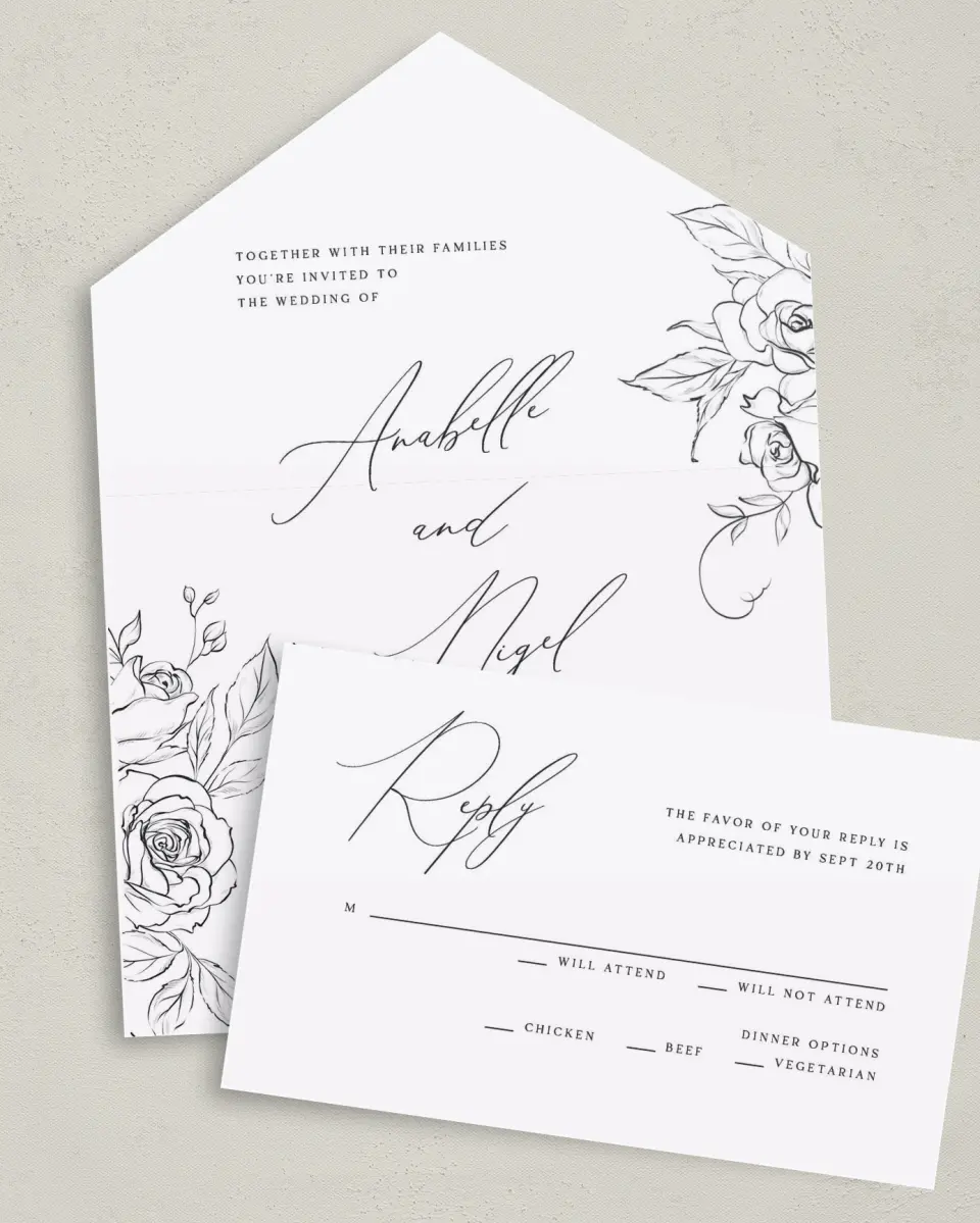 This is a 6" x 4½" All-in-One Wedding Invitation called The Anabelle printed in full color on Premium Smooth paper
