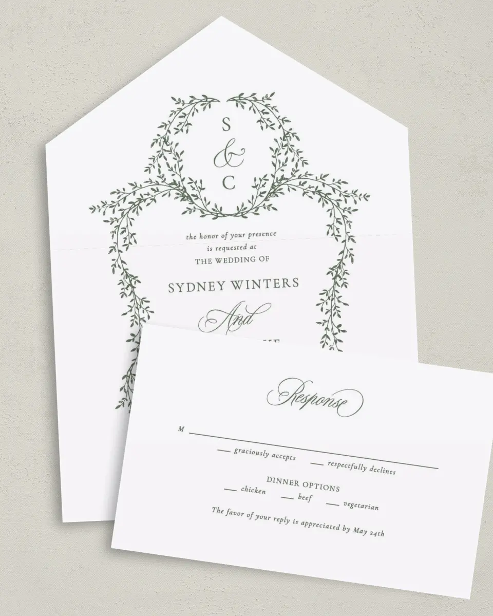 This is a 6" x 4½" All-in-One Wedding Invitation called Elegant Frame printed in full color on Premium Smooth paper