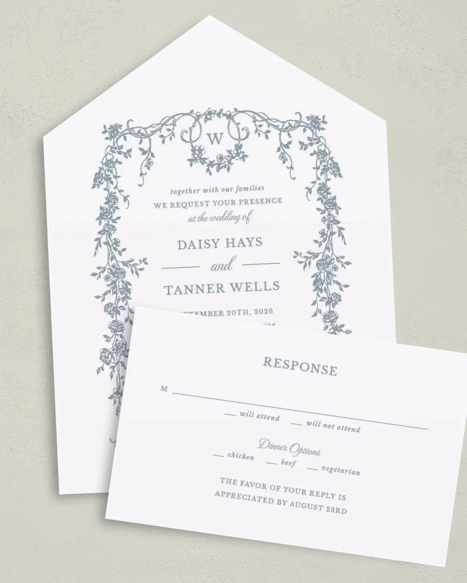 This is a 6" x 4½" All-in-One Wedding Invitation called Flowering Frame printed in full color on Premium Smooth paper