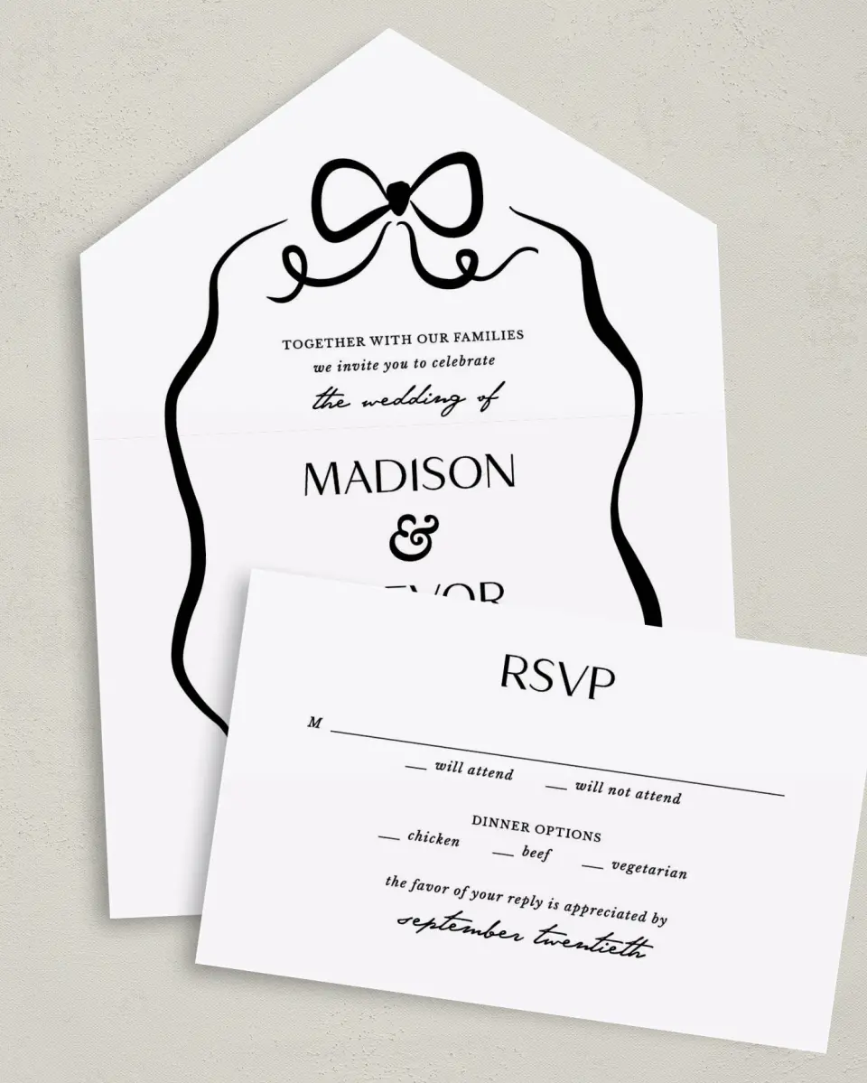 This is a 6" x 4½" All-in-One Wedding Invitation called The Madison printed in full color on Premium Smooth paper