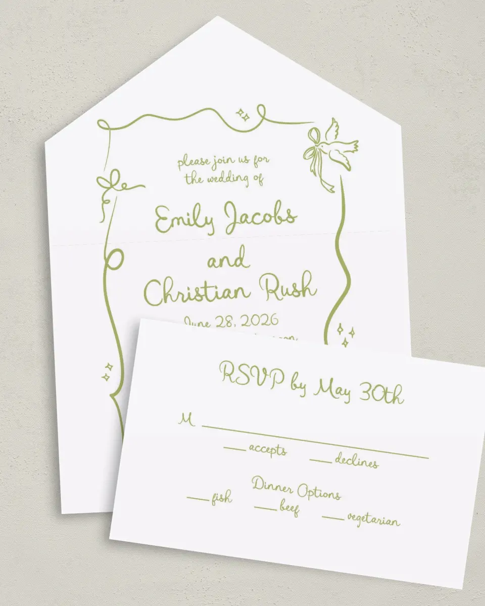 This is a 6" x 4½" All-in-One Wedding Invitation called Wedding Whimsy printed in full color on Premium Smooth paper