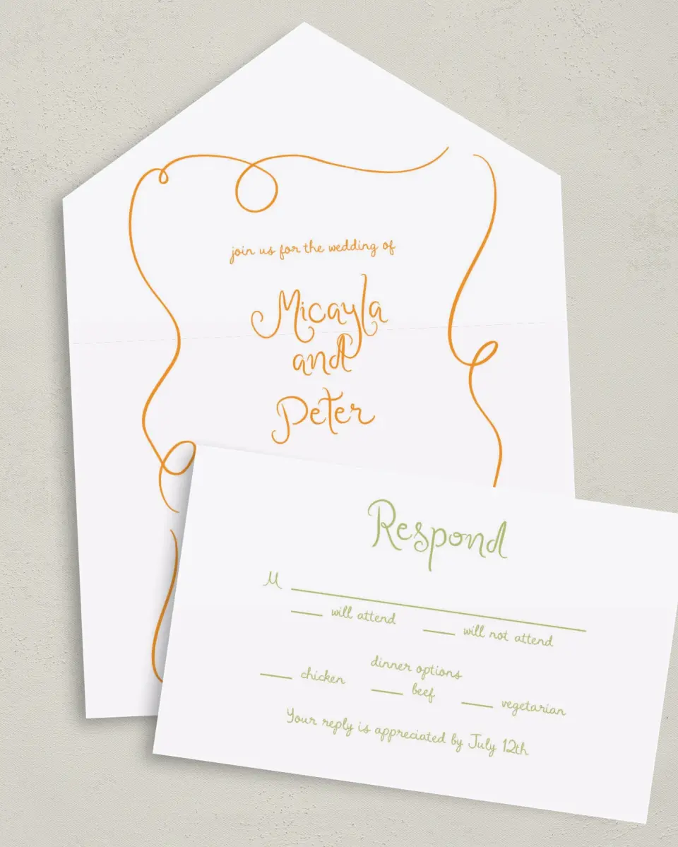 This is a 6" x 4½" All-in-One Wedding Invitation called The Micayla printed in full color on Premium Smooth paper