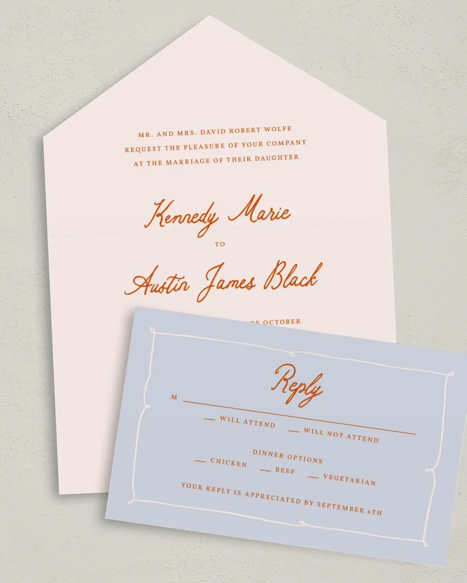 This is a 6" x 4½" All-in-One Wedding Invitation called The Kennedy printed in full color on Premium Smooth paper