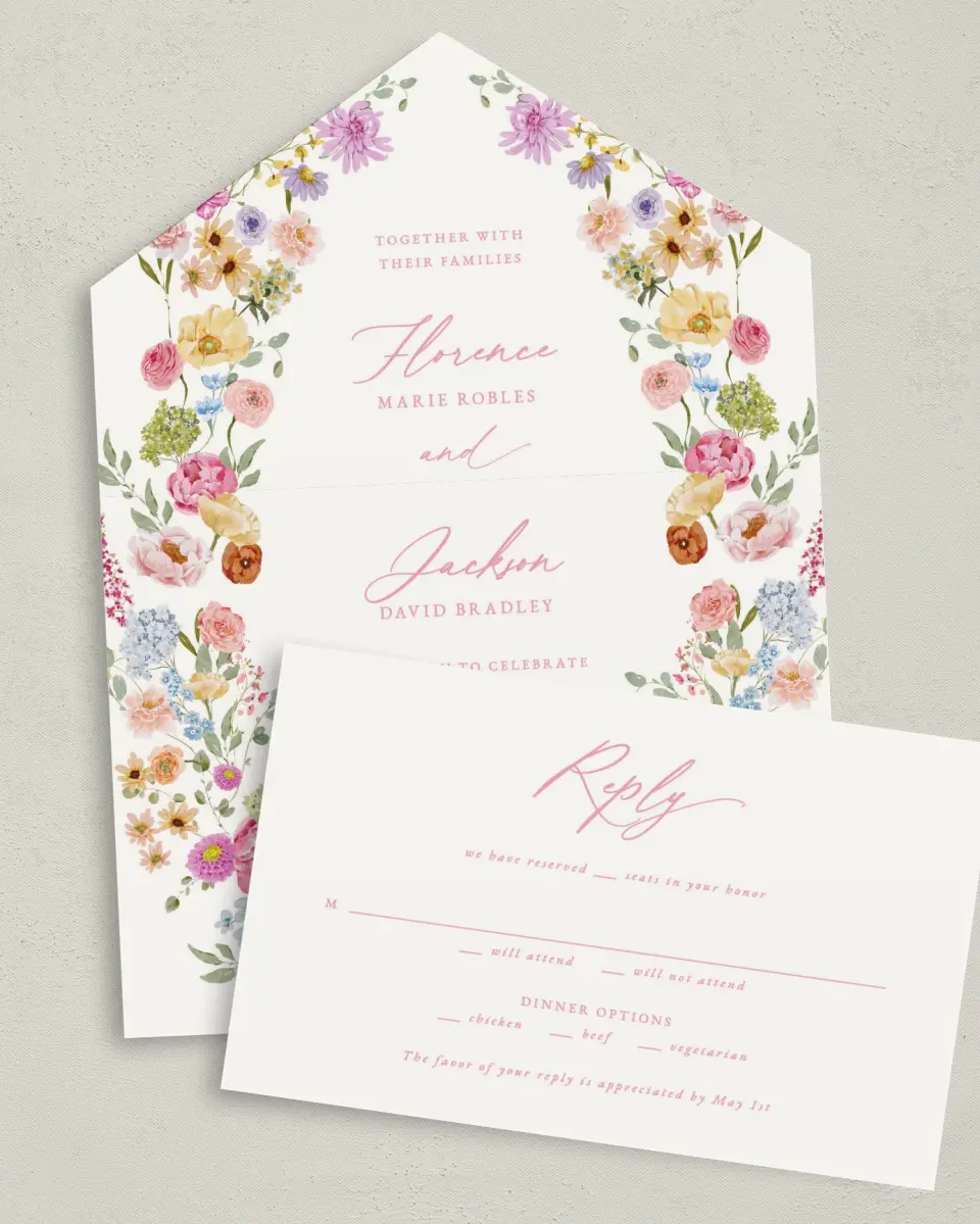 This is a 6" x 4½" All-in-One Wedding Invitation called The Florence printed in full color on Premium Smooth paper