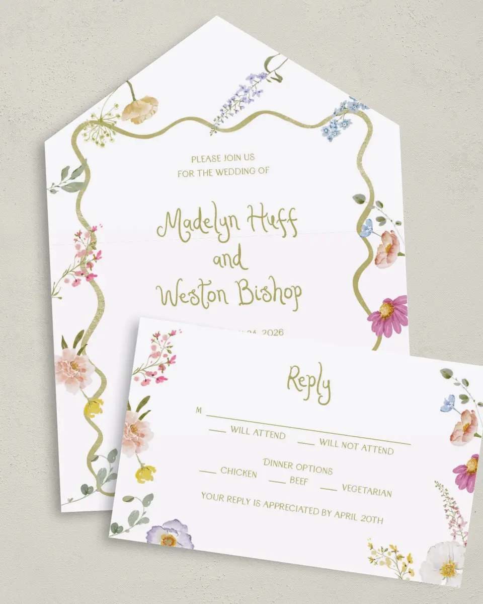 This is a 6" x 4½" All-in-One Wedding Invitation called Whimsical Garden printed in full color on Premium Smooth paper