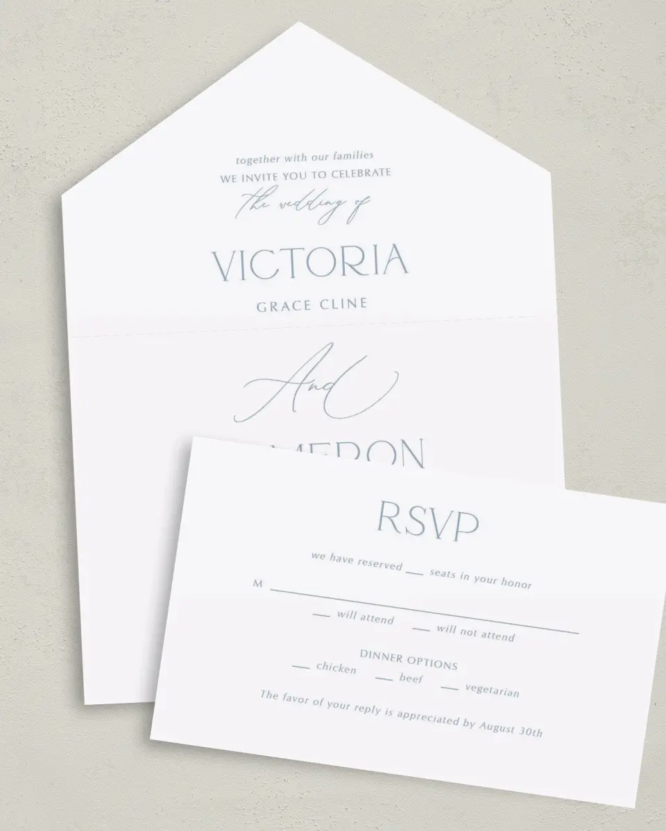 This is a 6" x 4½" All-in-One Wedding Invitation called The Victoria printed in full color on Premium Smooth paper