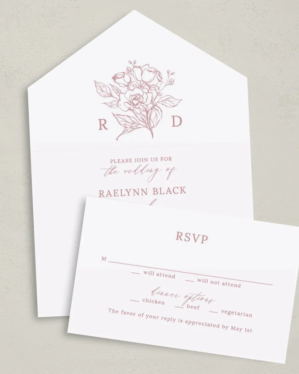 This is a 6" x 4½" All-in-One Wedding Invitation called Blushing Rose printed in full color on Premium Smooth paper