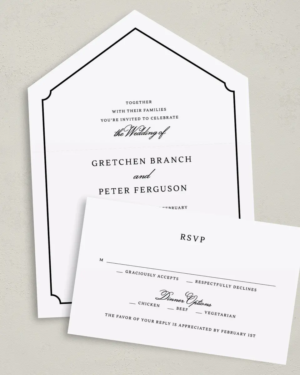 This is a 6" x 4½" All-in-One Wedding Invitation called Elegant Tradition printed in full color on Premium Smooth paper