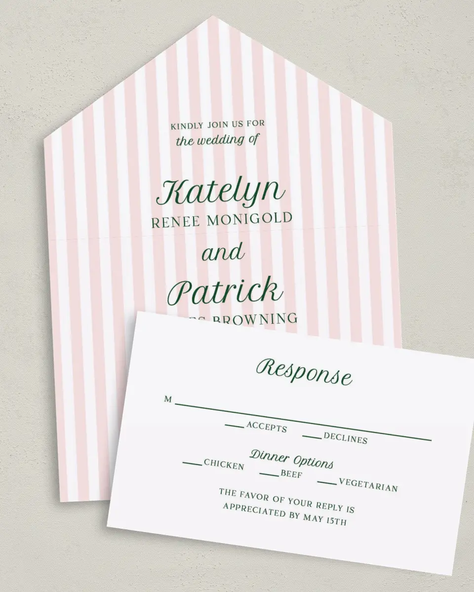 This is a 6" x 4½" All-in-One Wedding Invitation called A Perfect Match printed in full color on Premium Smooth paper