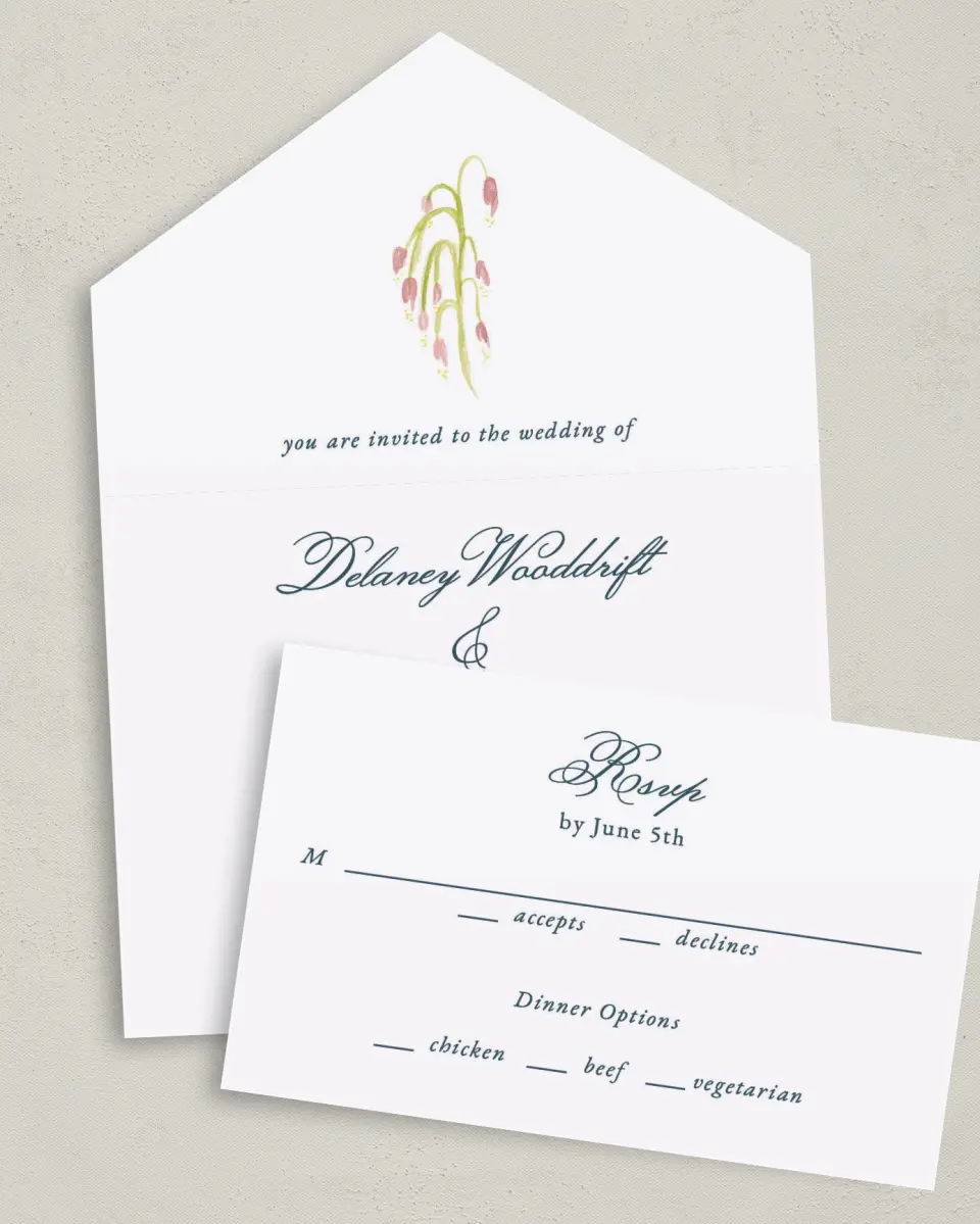 This is a 6" x 4½" All-in-One Wedding Invitation called Garden of Vows printed in full color on Premium Smooth paper