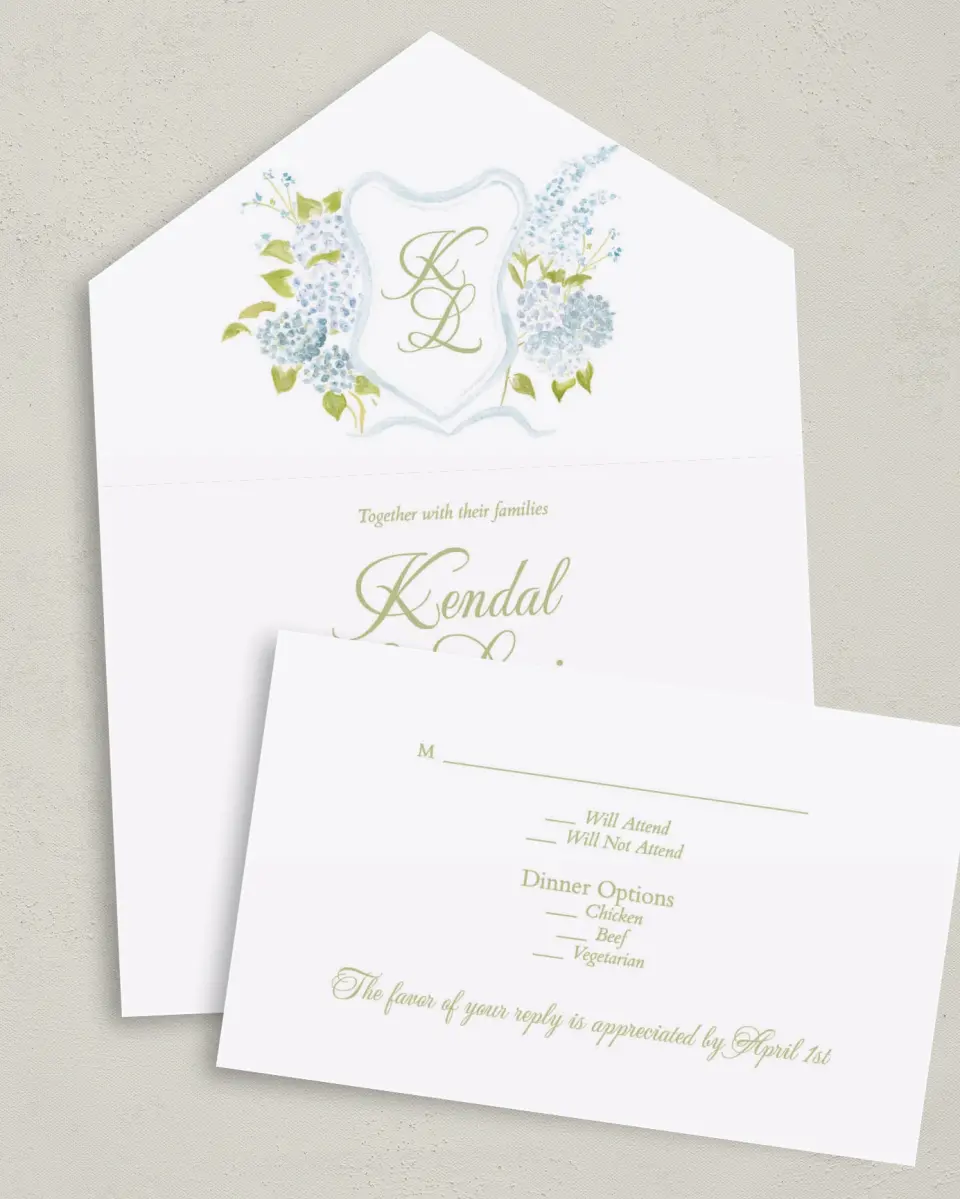 This is a 6" x 4½" All-in-One Wedding Invitation called Southern Belle printed in full color on Premium Smooth paper