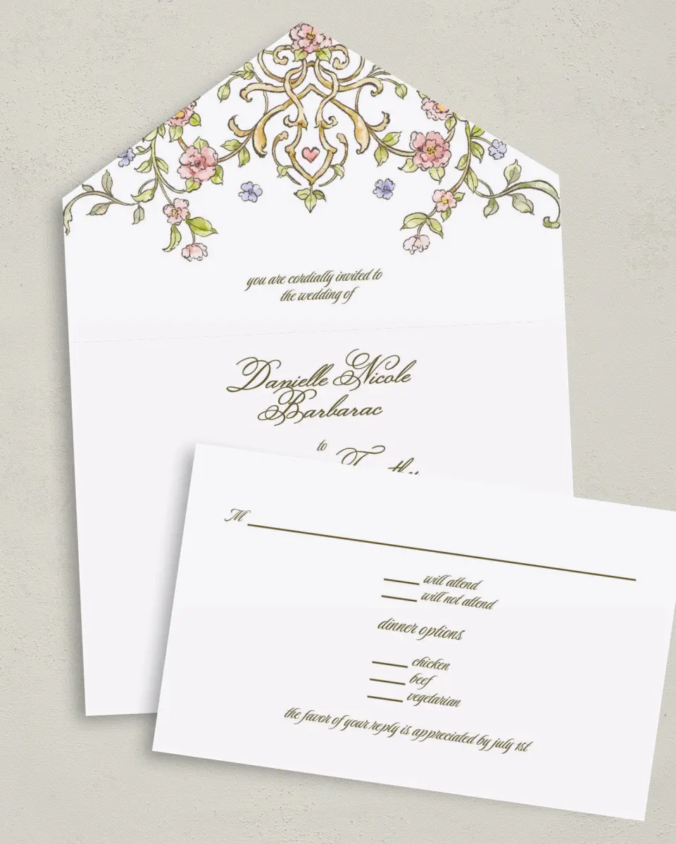 This is a 6" x 4½" All-in-One Wedding Invitation called Ever After printed in full color on Premium Smooth paper