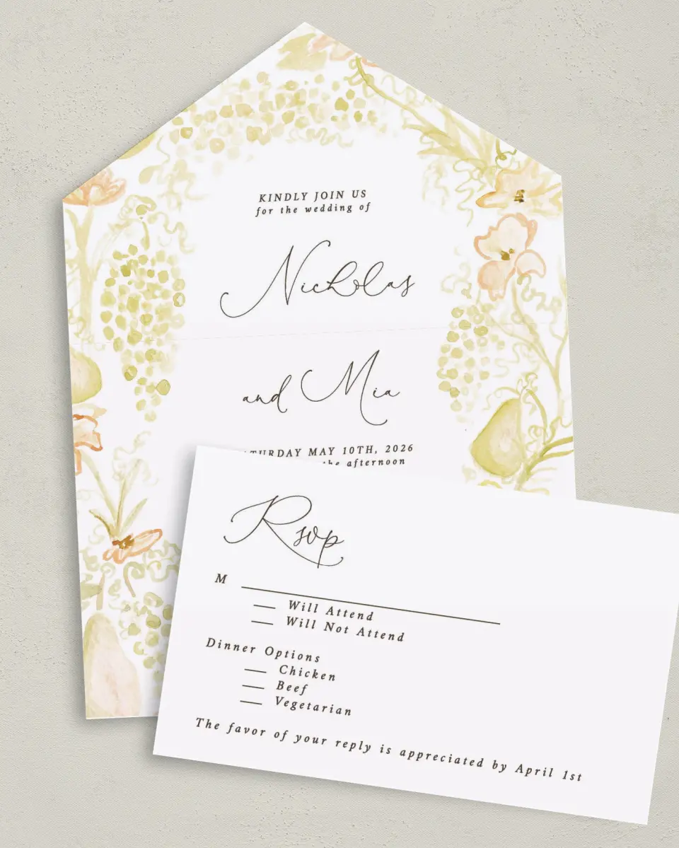 This is a 6" x 4½" All-in-One Wedding Invitation called Royal Glory printed in full color on Premium Smooth paper